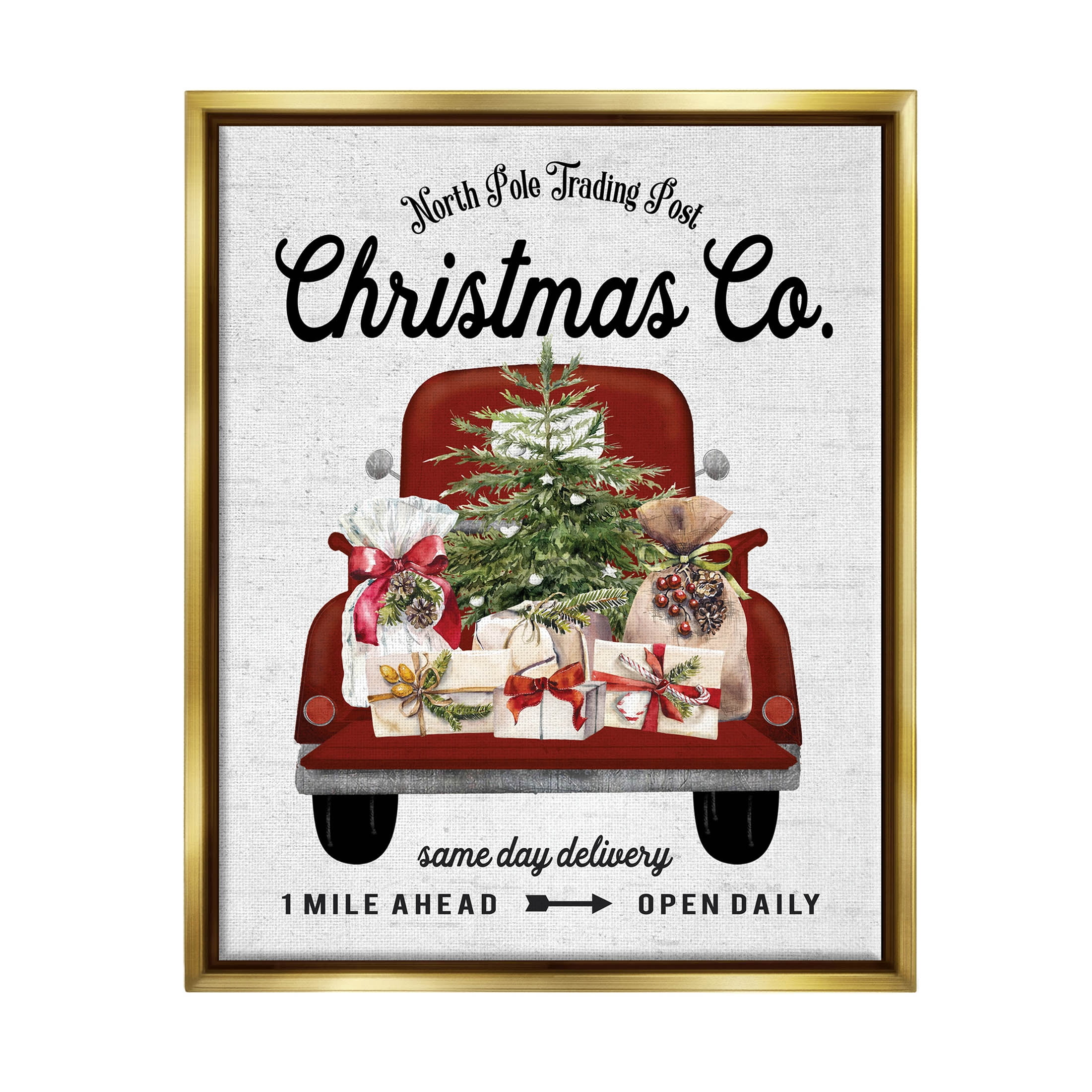 Stupell Industries North Pole Christmas Co. Sign Graphic Art Metallic Gold Floating Framed Canvas Print Wall Art, Design by Lettered and Lined