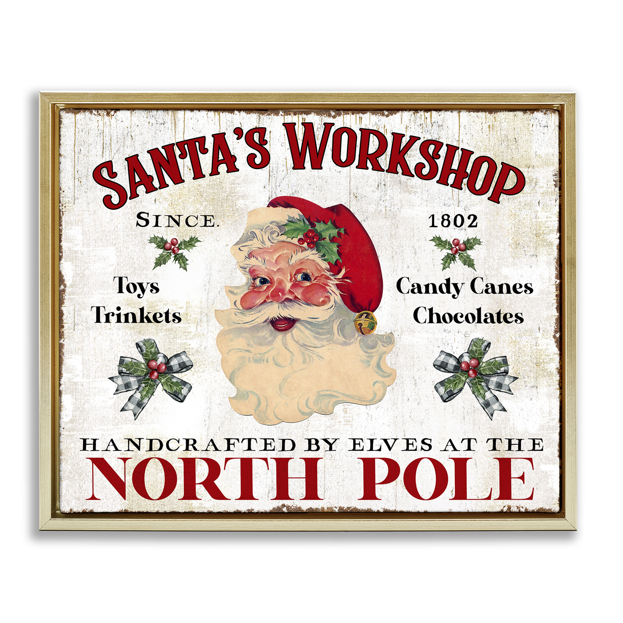 Stupell Industries North Pole Santa's Workshop Holiday Painting Gold Floater Framed Canvas Art Prints Wall Art, 21 x 17