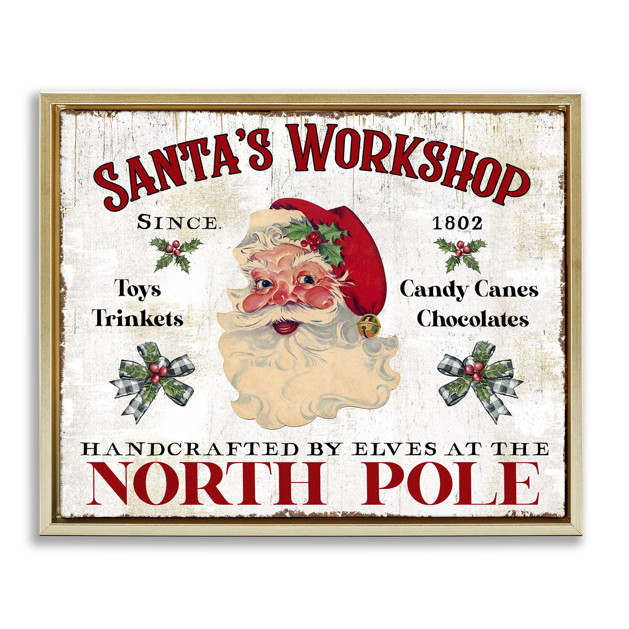 Stupell Industries North Pole Santa's Workshop Holiday Painting Gold Floater Framed Canvas Art Prints Wall Art, 31 x 25