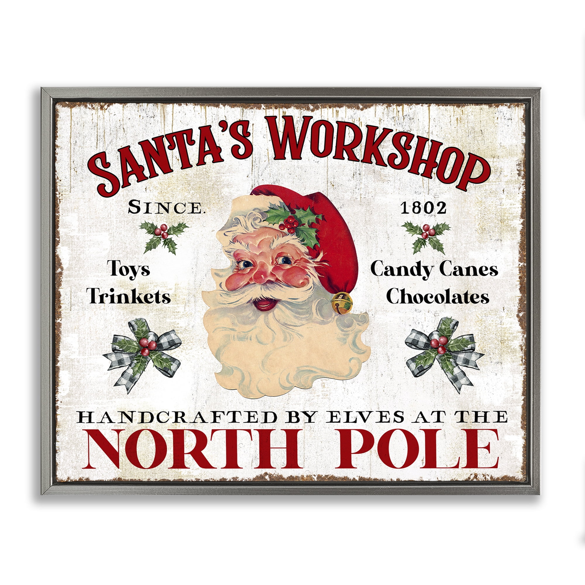 Stupell Industries North Pole Santa's Workshop Holiday Painting Gray Floater Framed Canvas Art Prints Wall Art, 21 x 17