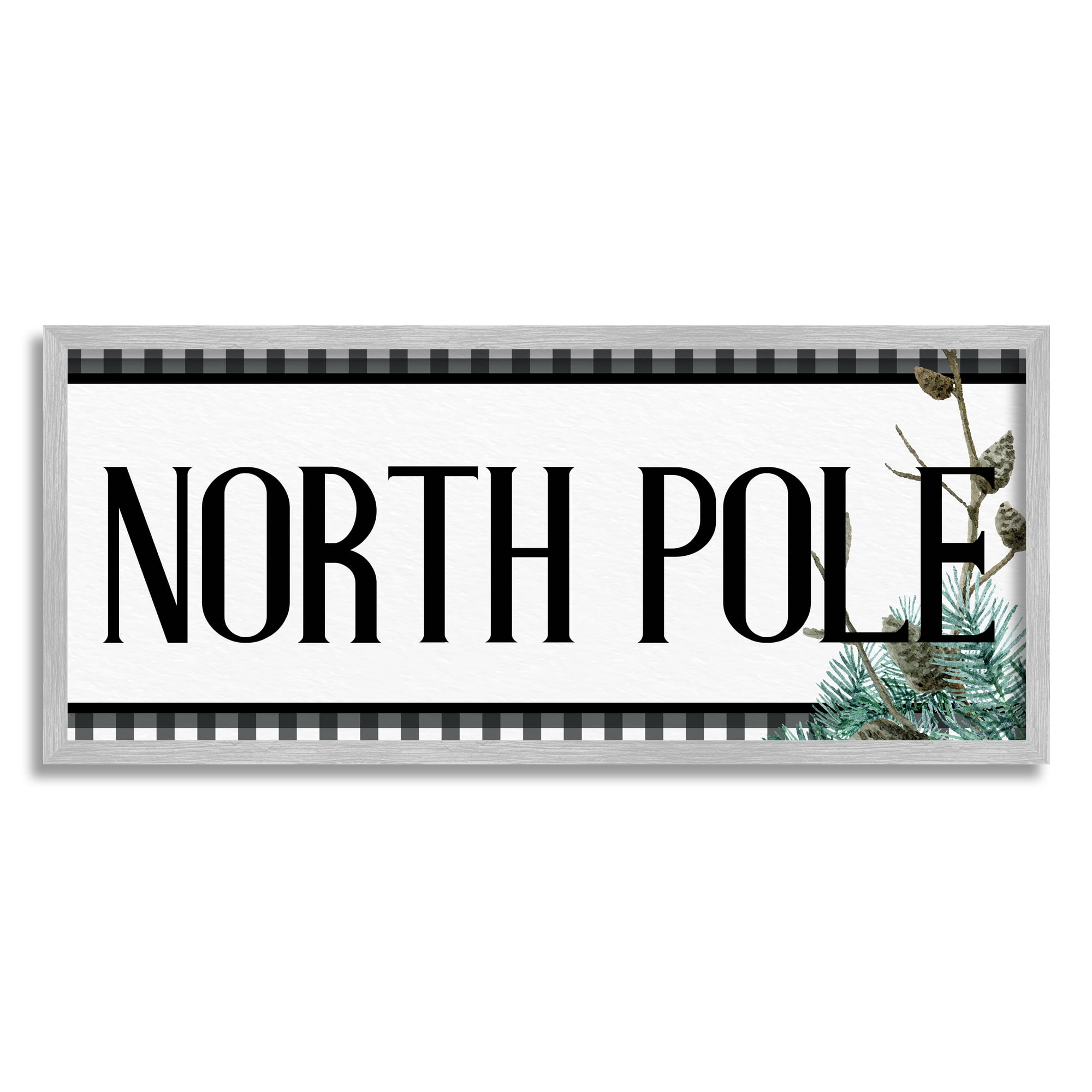 Stupell Industries North Pole Typography Black Plaid Winter Pinecone Foliage Graphic Art Gray Framed Art Print Wall Art, 24x10, by Kim Allen