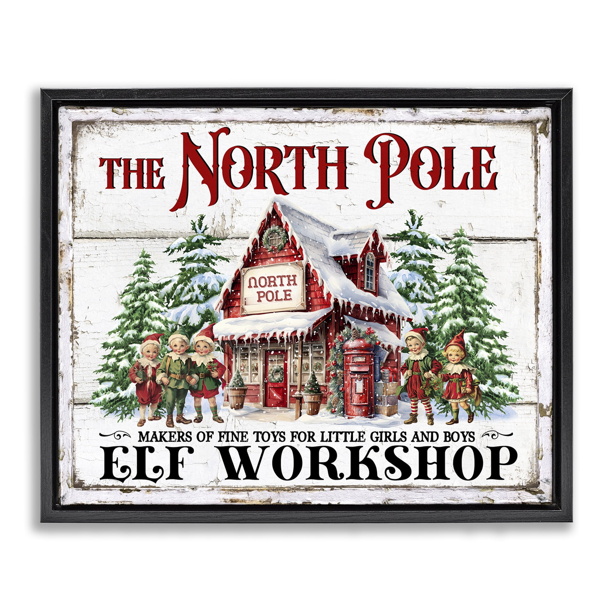 Stupell Industries North Pole Workshop Holiday Painting Black Floater Framed Canvas Art Prints Wall Art, 31 x 25