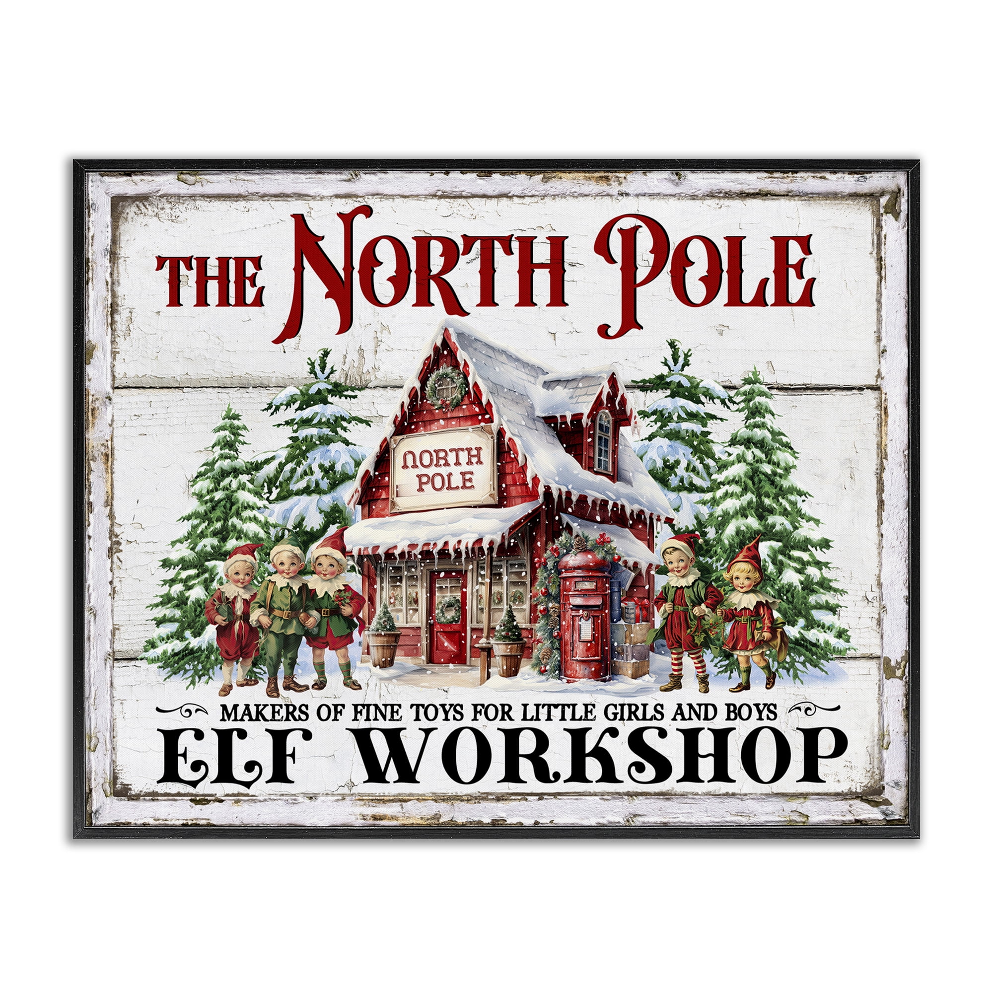 Stupell Industries North Pole Workshop Holiday Painting Black Framed Art Prints Wall Art, 20 x 16