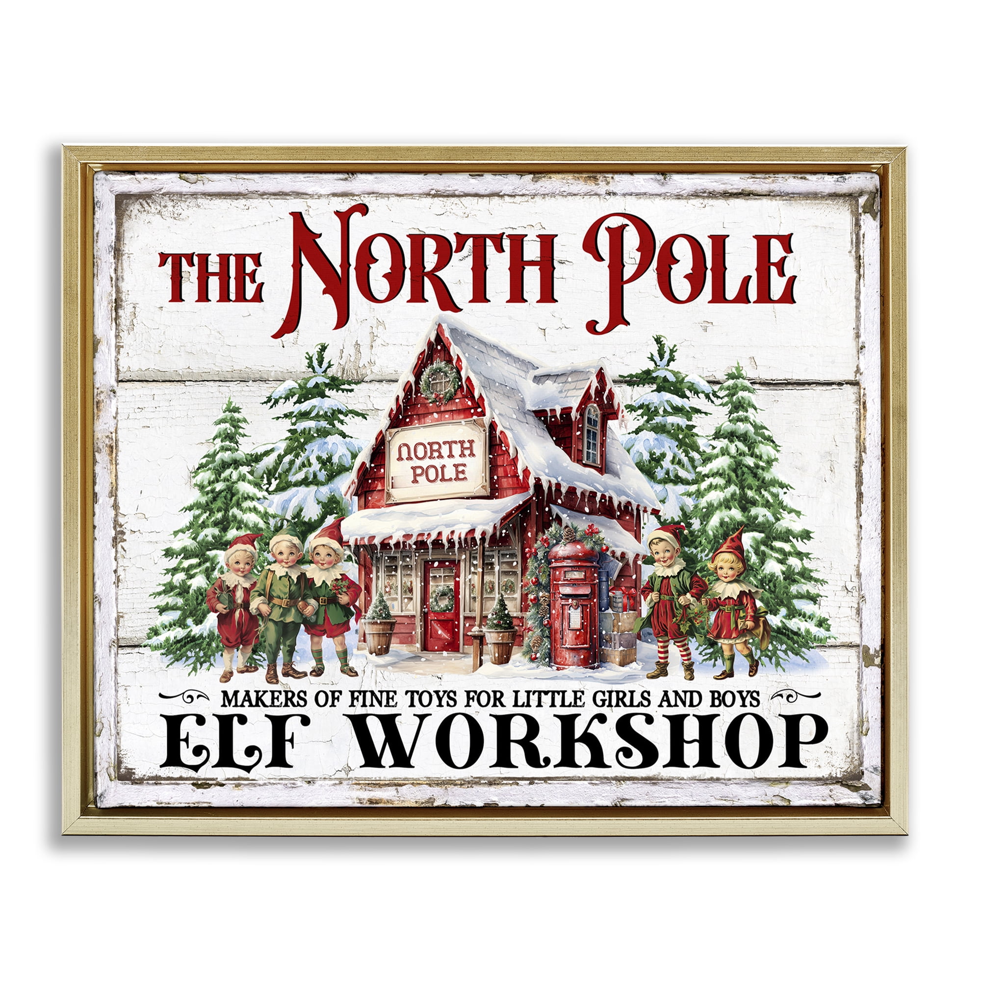 Stupell Industries North Pole Workshop Holiday Painting Gold Floater Framed Canvas Art Prints Wall Art, 21 x 17