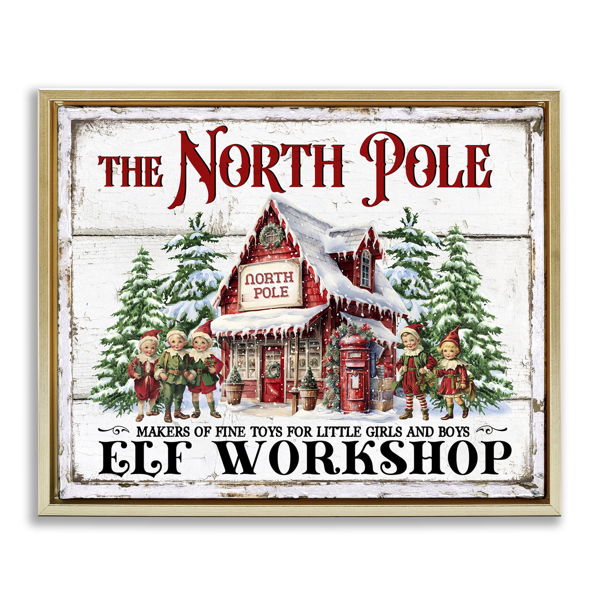 Stupell Industries North Pole Workshop Holiday Painting Gold Floater Framed Canvas Art Prints Wall Art, 31 x 25