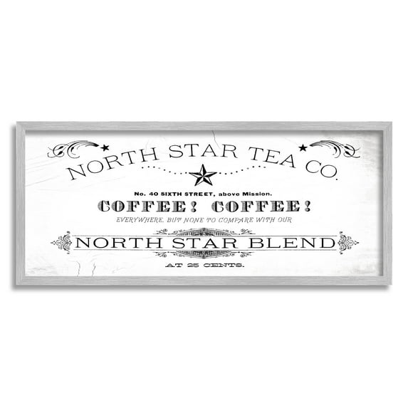 Stupell Industries North Star Tea Coffee Vintage Graphic Art Gray Framed Art Print Wall Art, Design by Lil' Rue