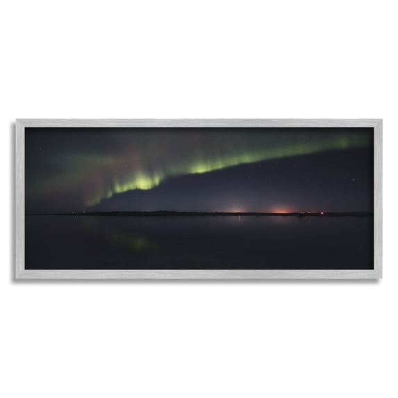 Stupell Industries Northern Lights Over Sea Nature Photography Gray Framed Art Print Wall Art, 30 x 13