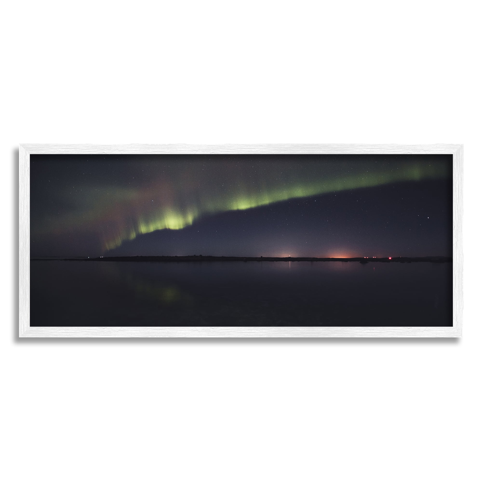 Stupell Industries Northern Lights Over Sea Nature Photography White Framed Art Print Wall Art, 24 x 10