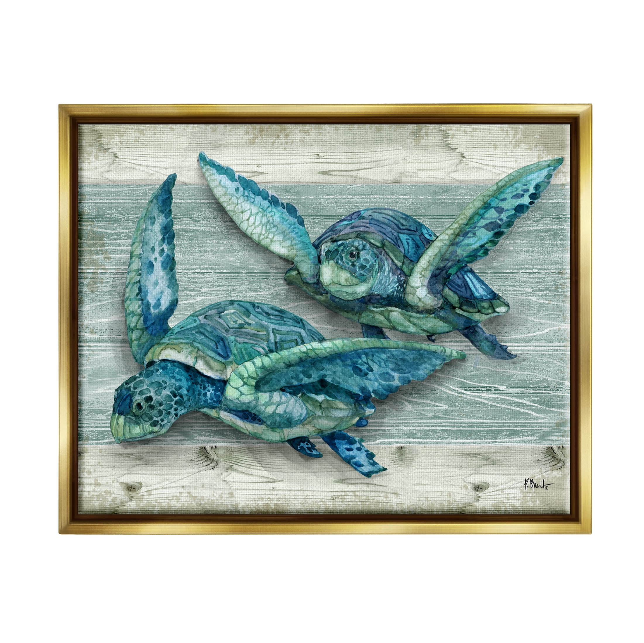 Stupell Industries Northpoint Sea Turtles Sealife Graphic Art Metallic Gold Floating Framed Canvas Print Wall Art, Design by Paul Brent