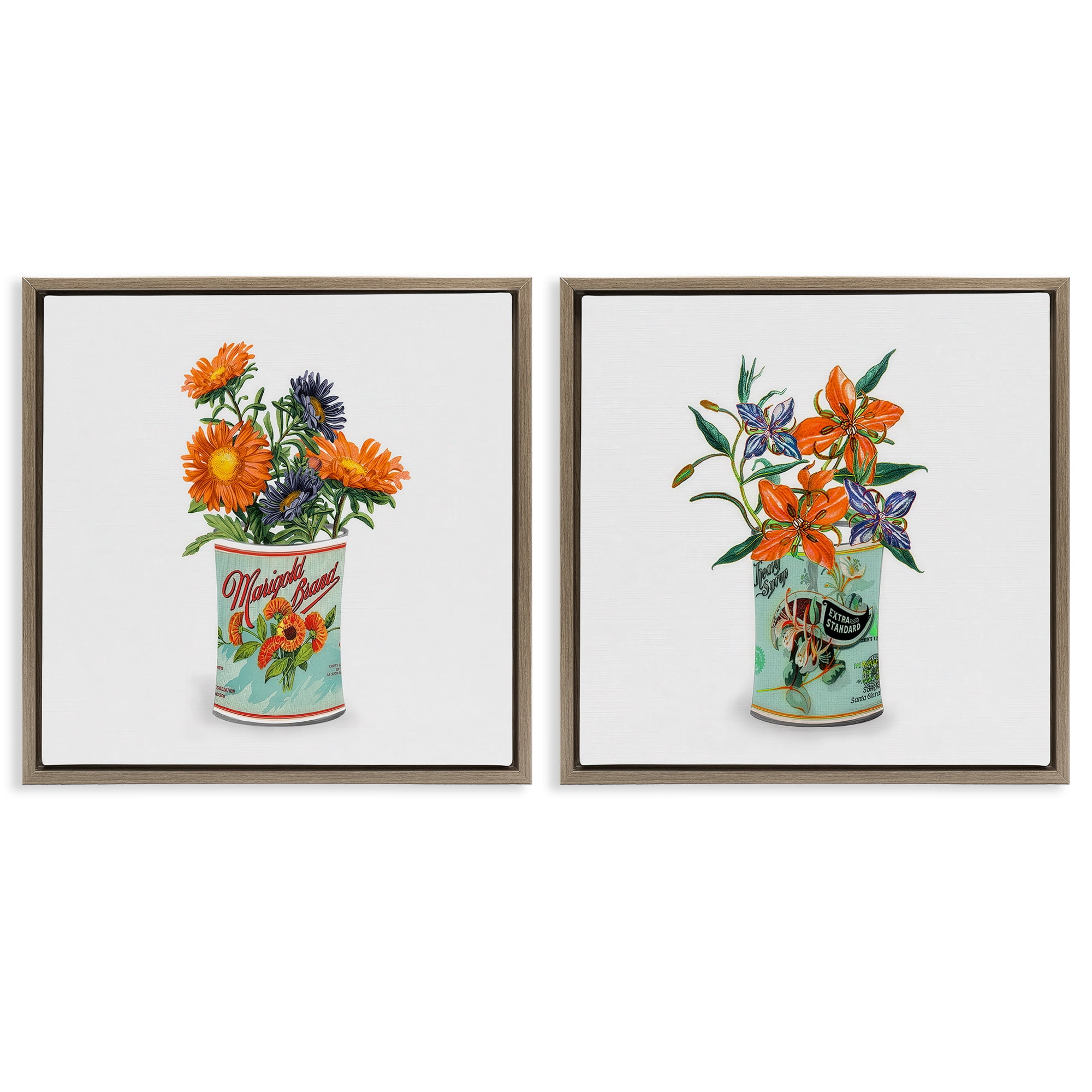 Stupell Industries Nostalgic Marigold & Lily Bouquets 2 Piece Brown Framed Floater Canvas Set, design by Val Rhodes