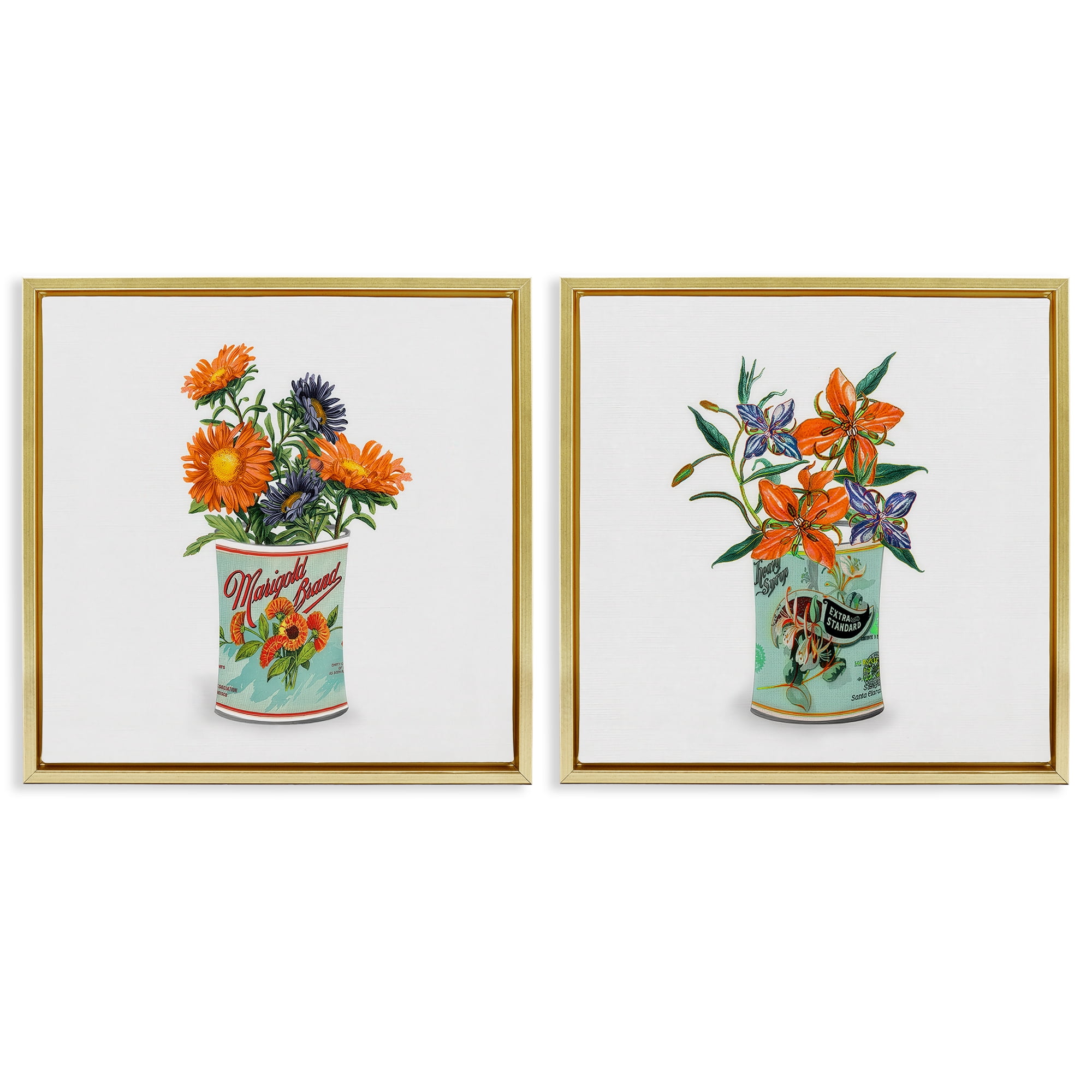 Stupell Industries Nostalgic Marigold & Lily Bouquets 2 Piece Gold Framed Floater Canvas Set, design by Val Rhodes