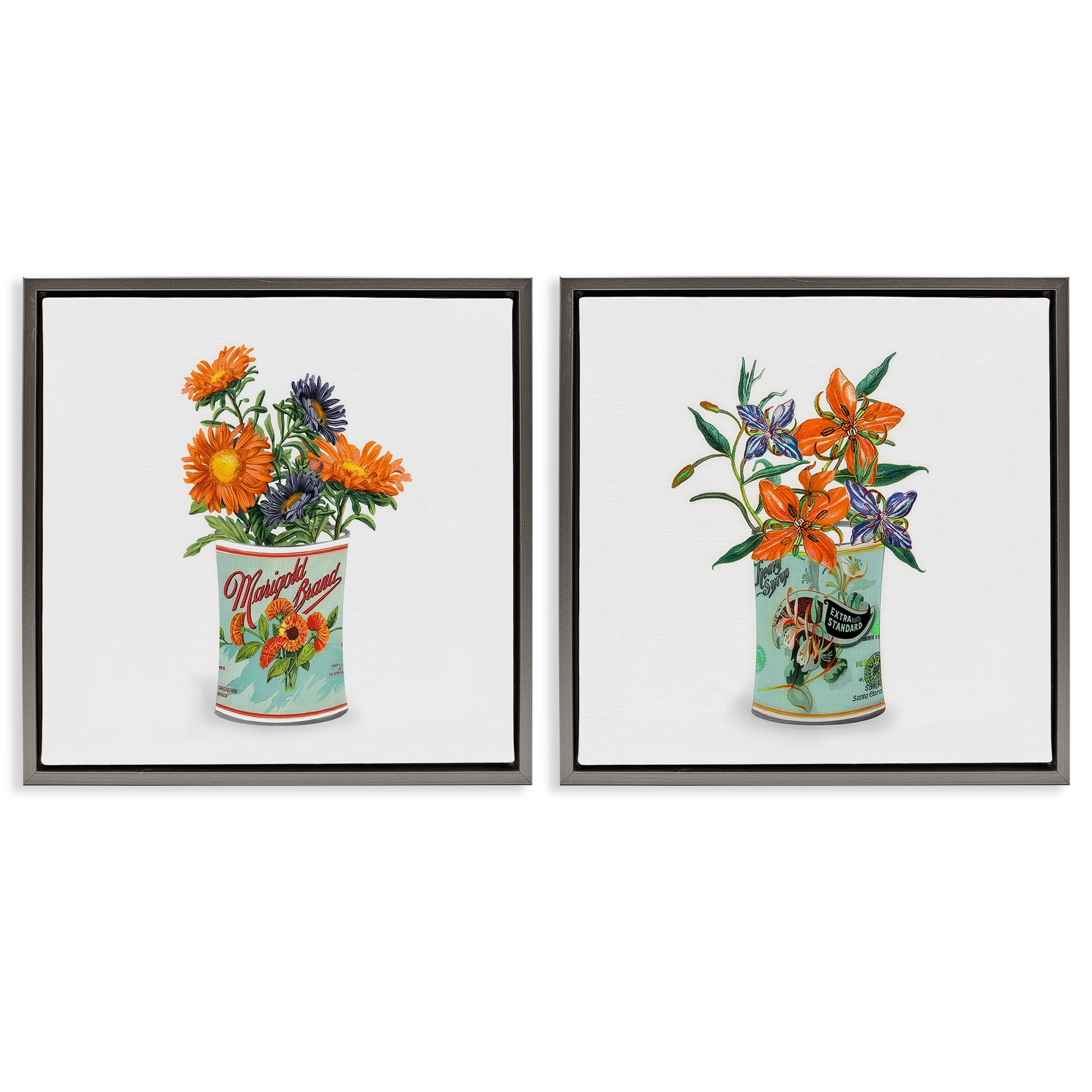 Stupell Industries Nostalgic Marigold & Lily Bouquets 2 Piece Gray Framed Floater Canvas Set, design by Val Rhodes