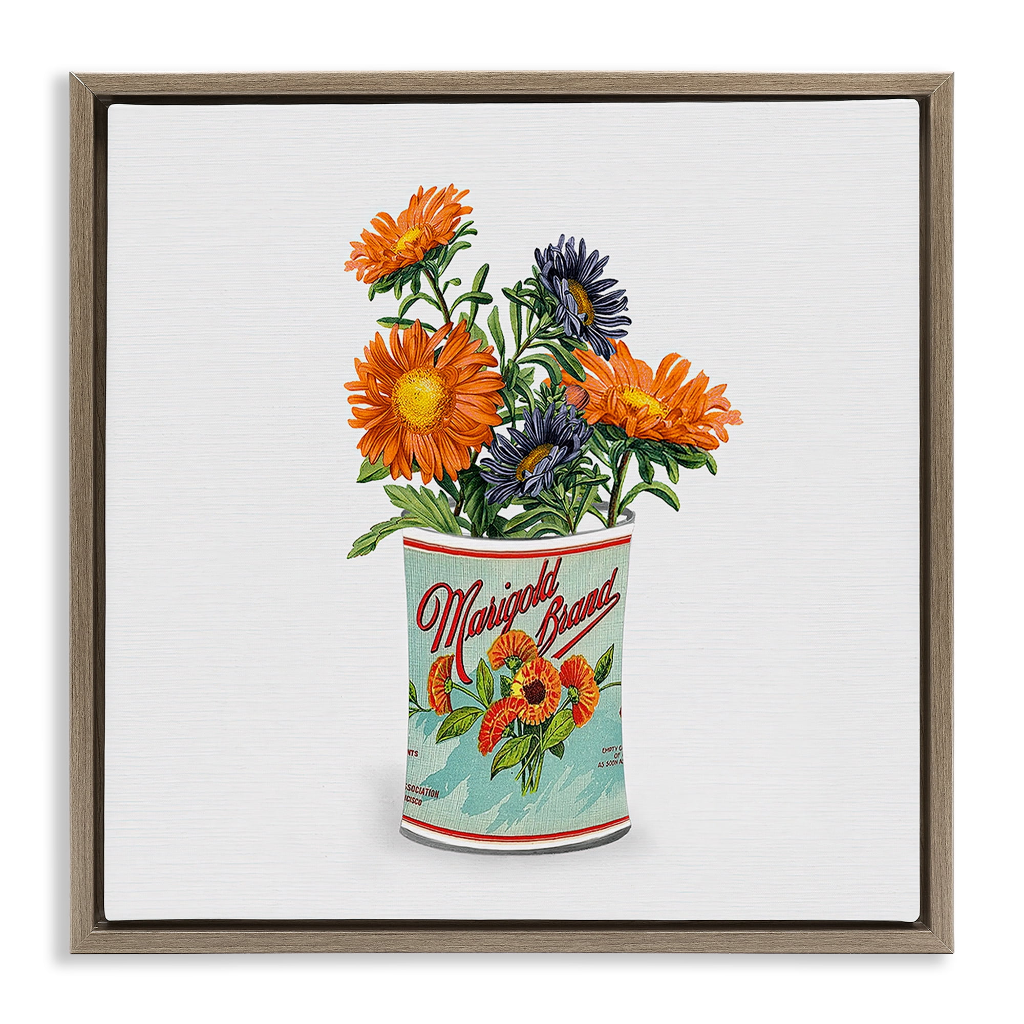 Stupell Industries Nostalgic Marigold Tin Bouquet Brown Framed Floater Canvas Wall Art, design by Val Rhodes