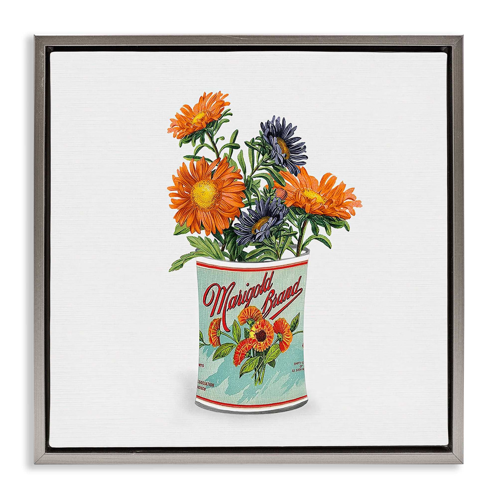 Stupell Industries Nostalgic Marigold Tin Bouquet Gray Framed Floater Canvas Wall Art, design by Val Rhodes