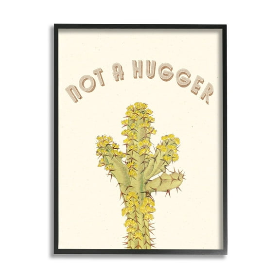 Stupell Industries Not A Hugger Phrase Vintage Yellow Floral Cactus Botanical & Floral Painting Black Framed Art Print Wall Art, 11 x 14