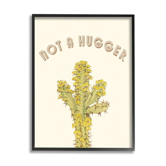 Stupell Industries Not A Hugger Phrase Vintage Yellow Floral Cactus Botanical & Floral Painting Black Framed Art Print Wall Art, 16 x 20