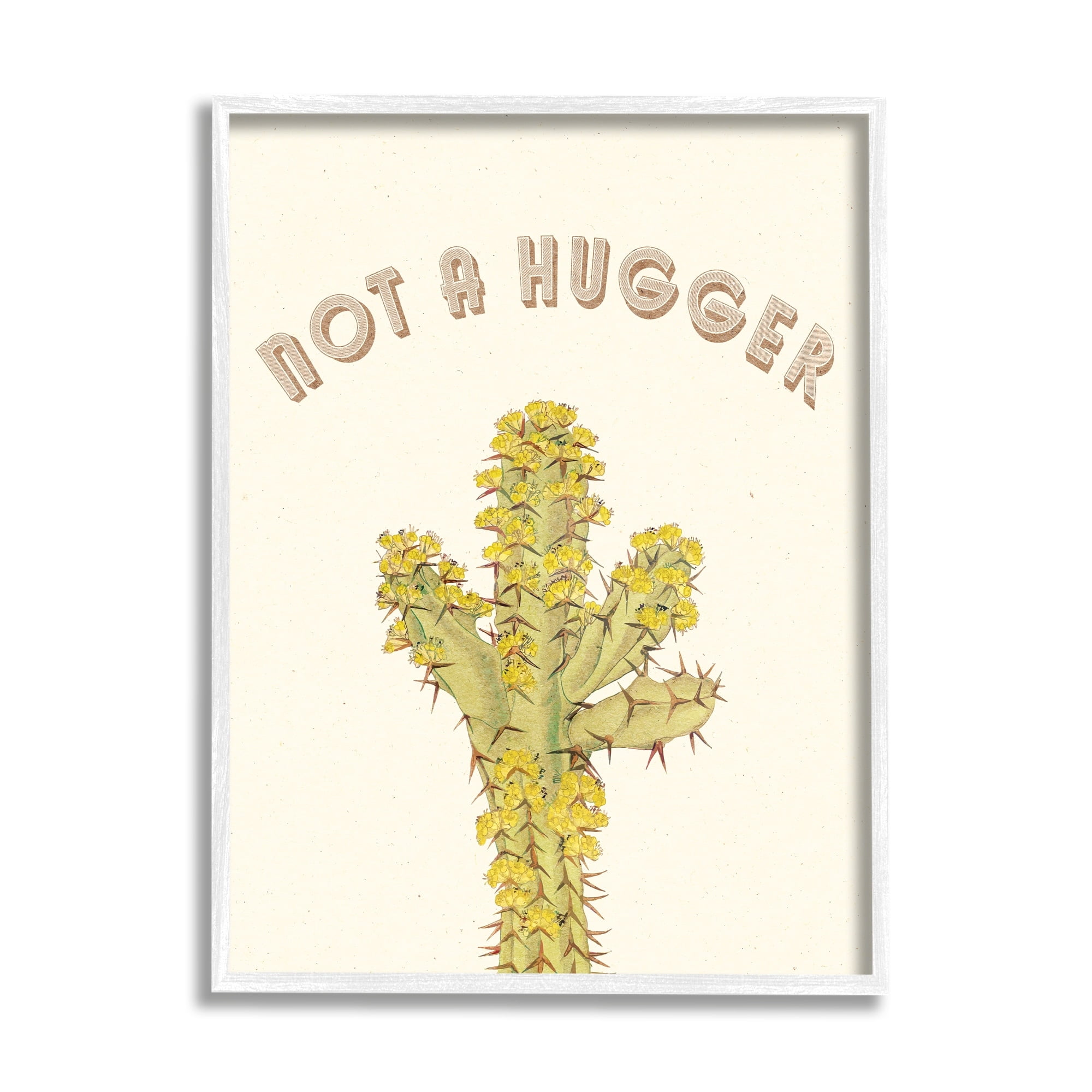 Stupell Industries Not A Hugger Phrase Vintage Yellow Floral Cactus Botanical & Floral Painting White Framed Art Print Wall Art, 16 x 20