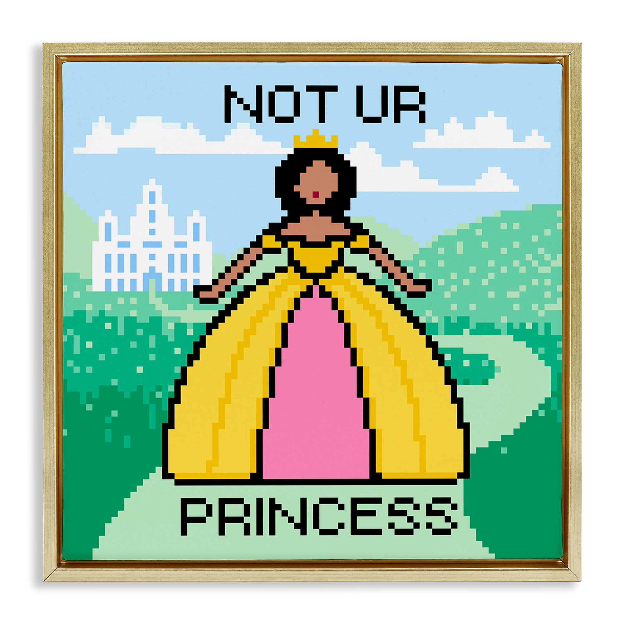 Stupell Industries Not Ur Princess Pixel Style People Painting Gold Floater Framed Canvas Art Print Wall Art, 25 x 25
