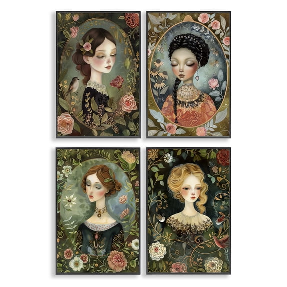 Stupell Industries Nouveau Ladies with Floral Borders Portrait Painting Black Framed Art Print Wall Art, 16 x 24, Set of 4