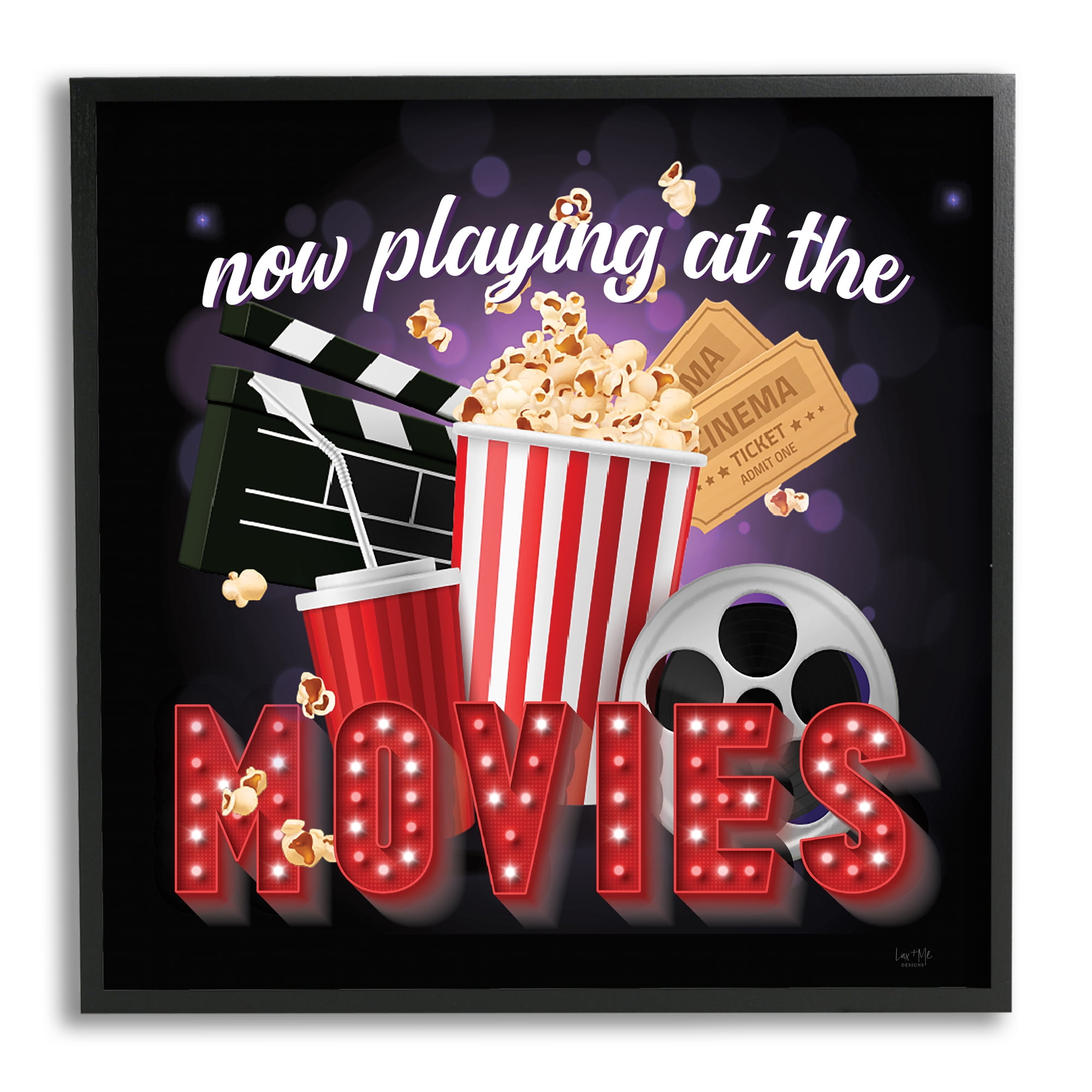 Stupell Industries Now Playing Movies Sign Food & Beverage Painting Black Framed Art Print Wall Art, 12 x 12
