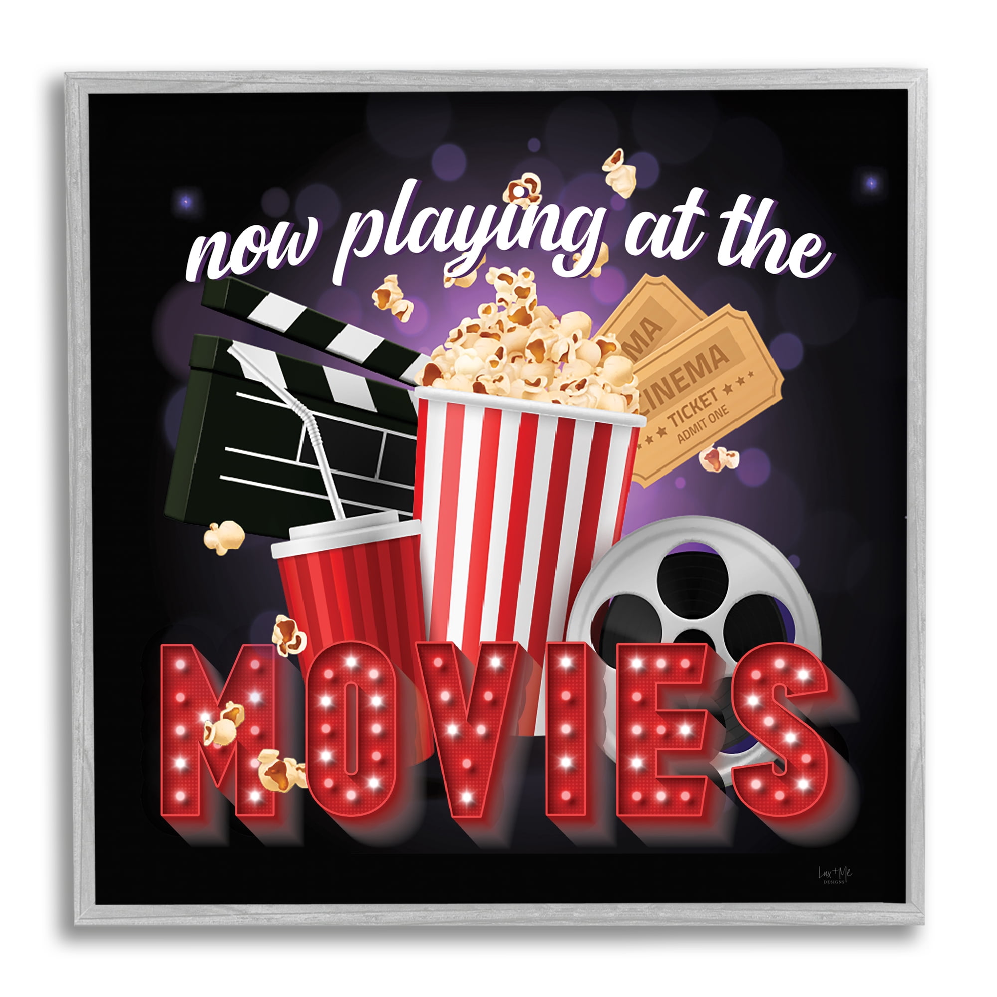 Stupell Industries Now Playing Movies Sign Food & Beverage Painting Gray Framed Art Print Wall Art, 12 x 12