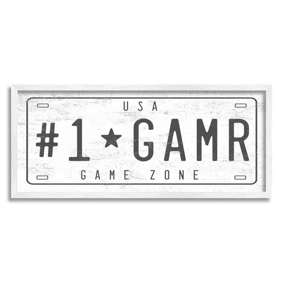 Stupell Industries Number One Gamer Vintage Car License Plate Novelty Painting White Framed Art Print Wall Art, 13 x 30, Design by Daphne Polselli