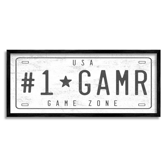 Stupell Industries Number One Gamer Vintage Car License Plate Transportation Painting Black Framed Art Print Wall Art, 13 x 30