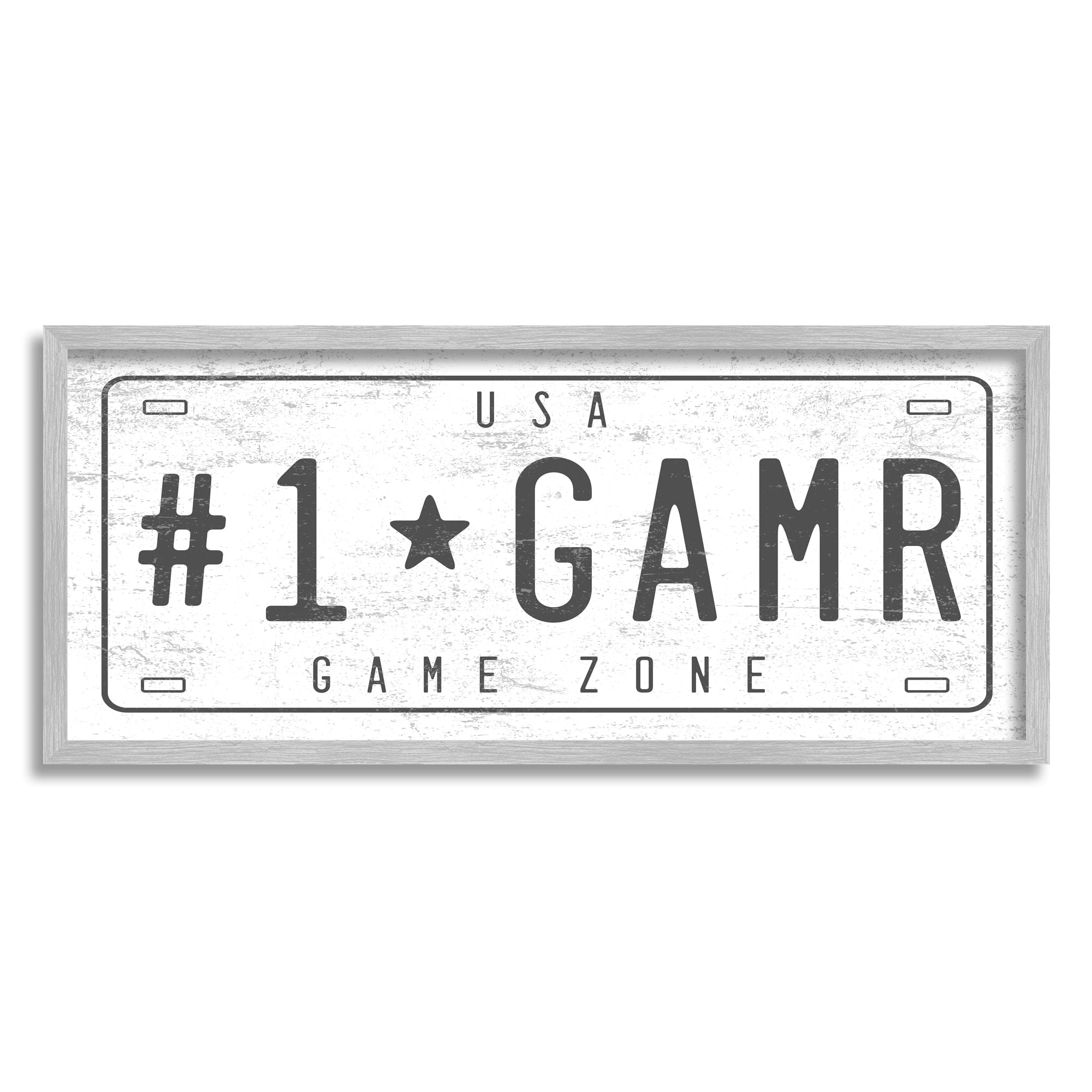 Stupell Industries Number One Gamer Vintage Car License Plate Transportation Painting Gray Framed Art Print Wall Art, 10 x 24