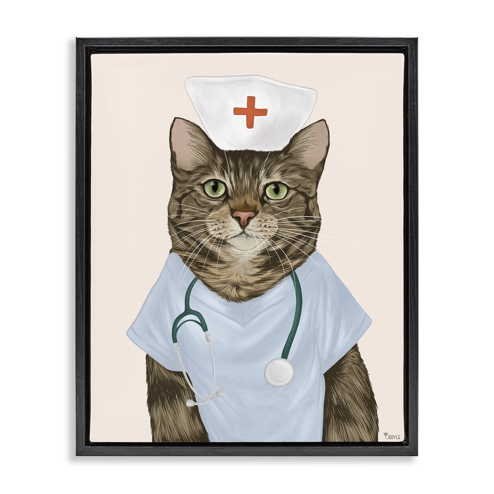 Stupell Industries Nurse Doctor Cat Animals & Insects Painting Black Floater Framed Canvas Art Print Wall Art, 25 x 31