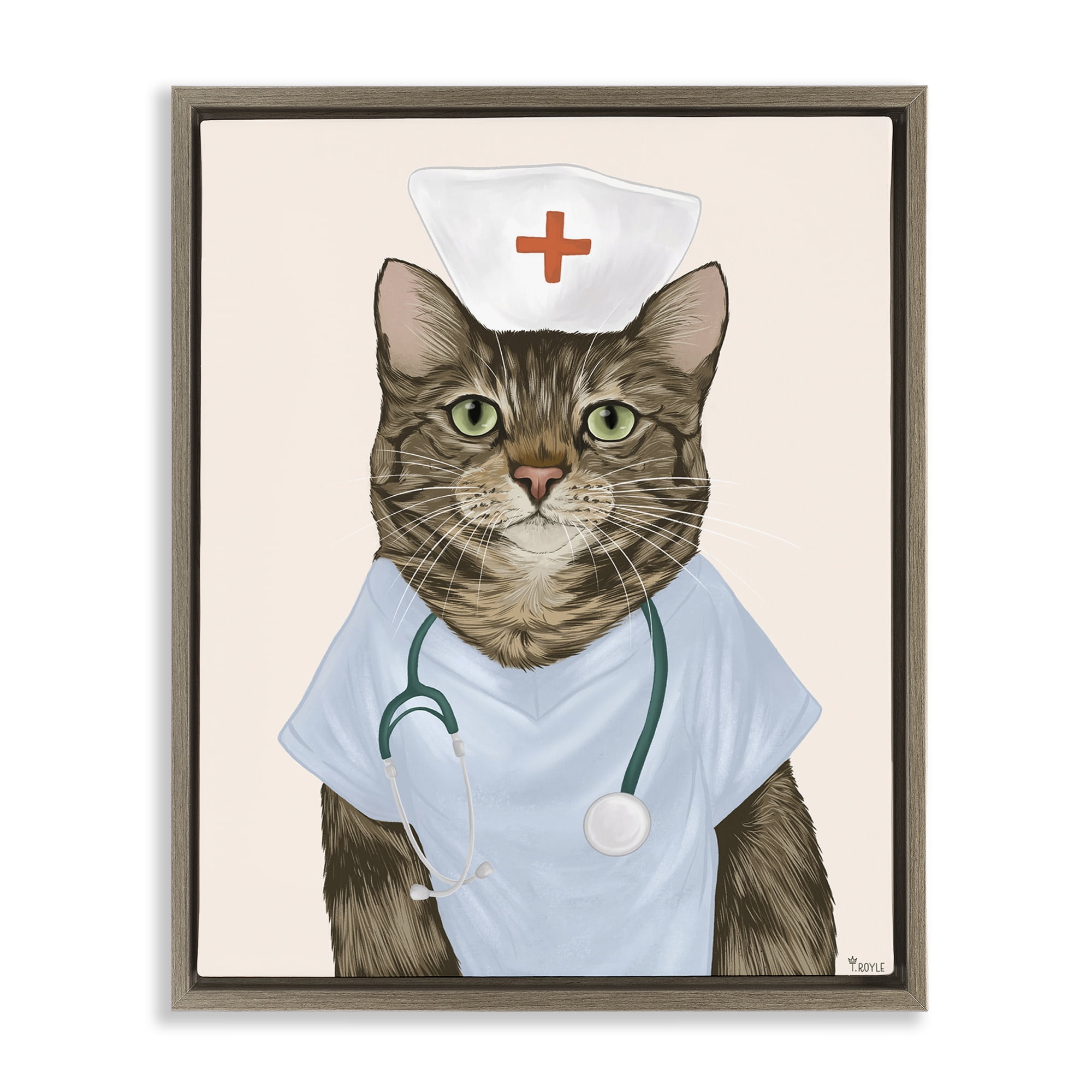 Stupell Industries Nurse Doctor Cat Animals & Insects Painting Brown Floater Framed Canvas Art Print Wall Art, 25 x 31