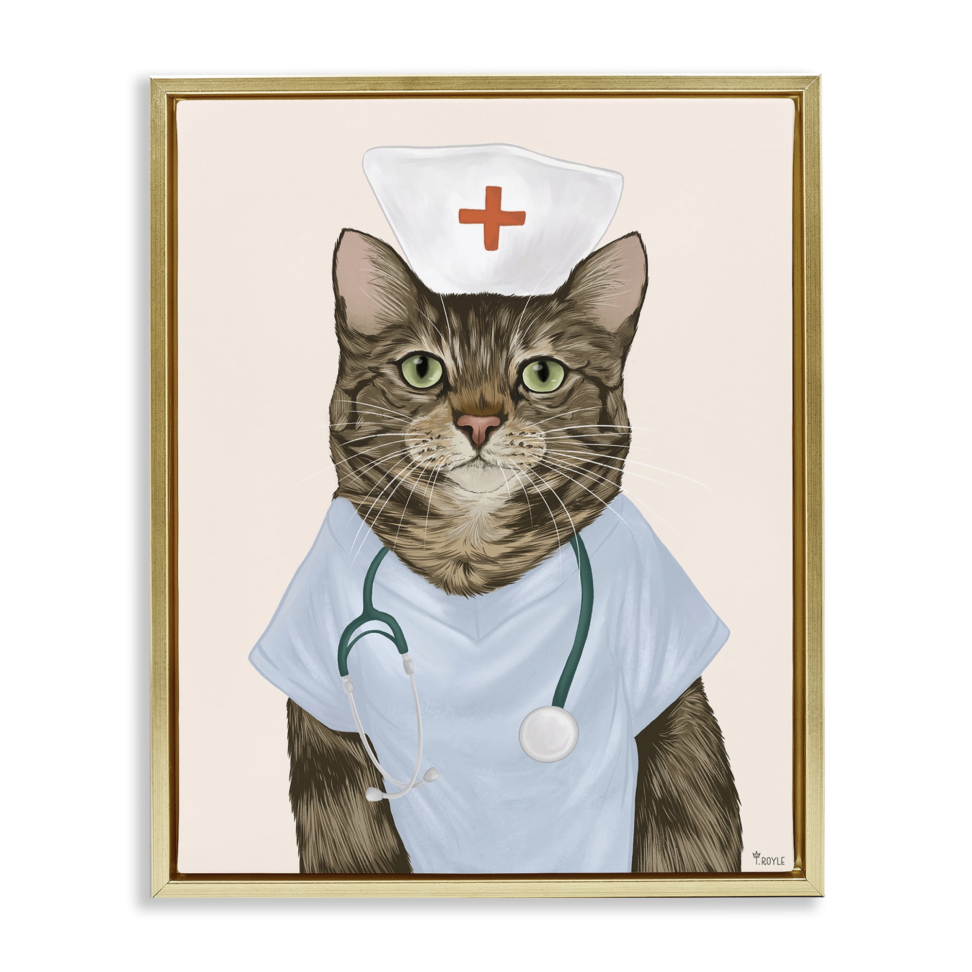 Stupell Industries Nurse Doctor Cat Animals & Insects Painting Gold Floater Framed Canvas Art Print Wall Art, 17 x 21