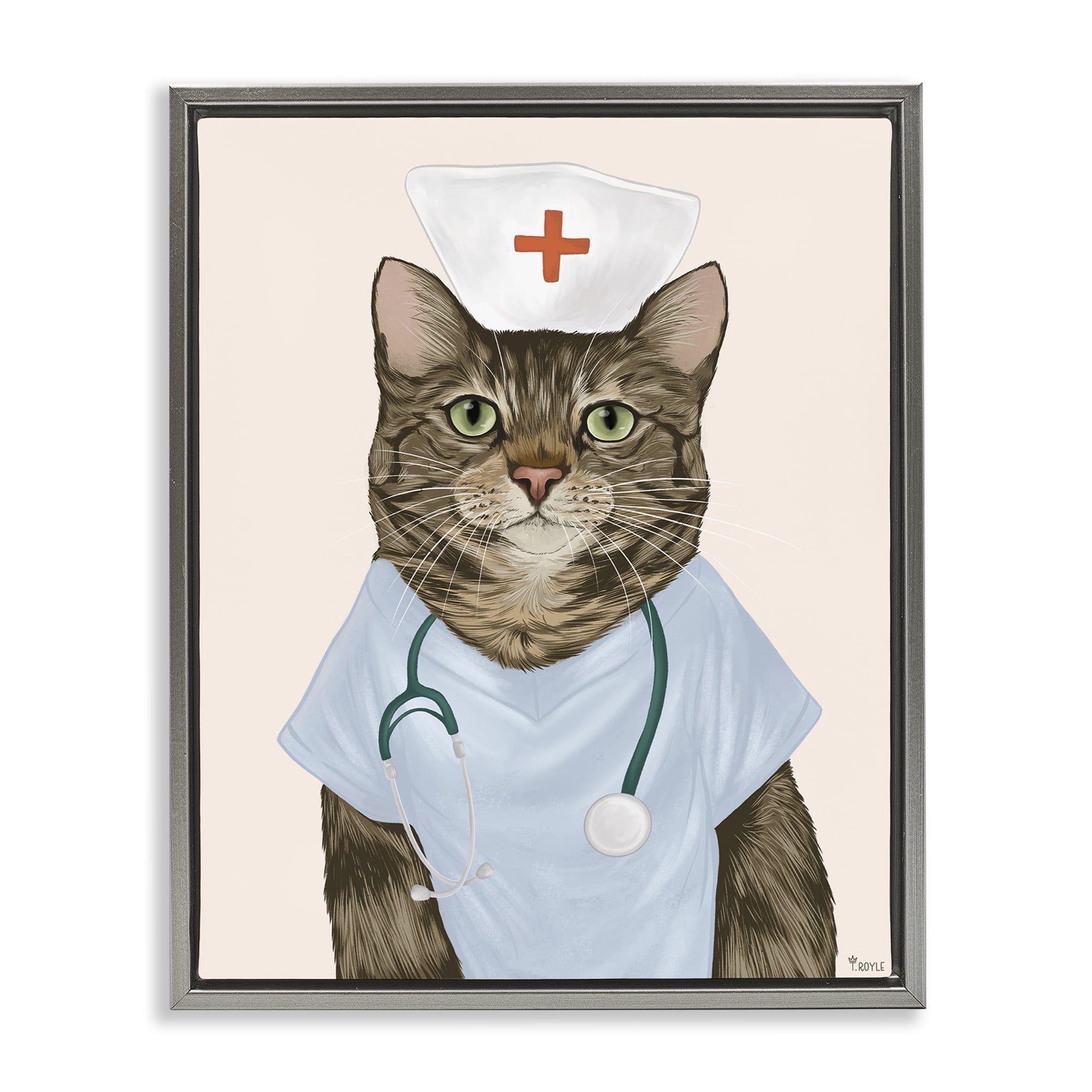 Stupell Industries Nurse Doctor Cat Animals & Insects Painting Gray Floater Framed Canvas Art Print Wall Art, 25 x 31