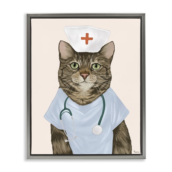 Stupell Industries Nurse Doctor Cat Animals & Insects Painting Gray Floater Framed Canvas Art Print Wall Art, 25 x 31