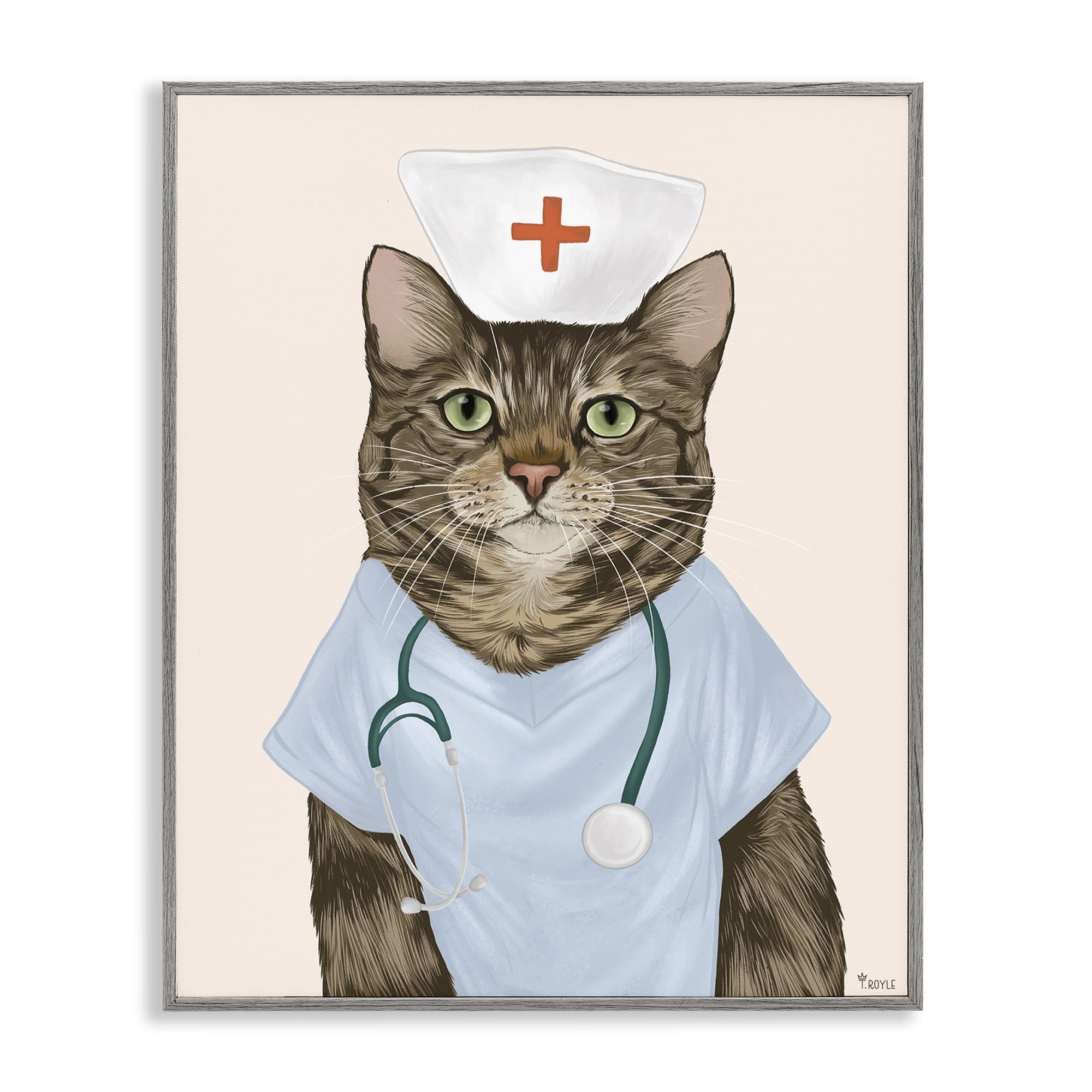 Stupell Industries Nurse Doctor Cat Animals & Insects Painting Gray Framed Art Print Wall Art, 24 x 30