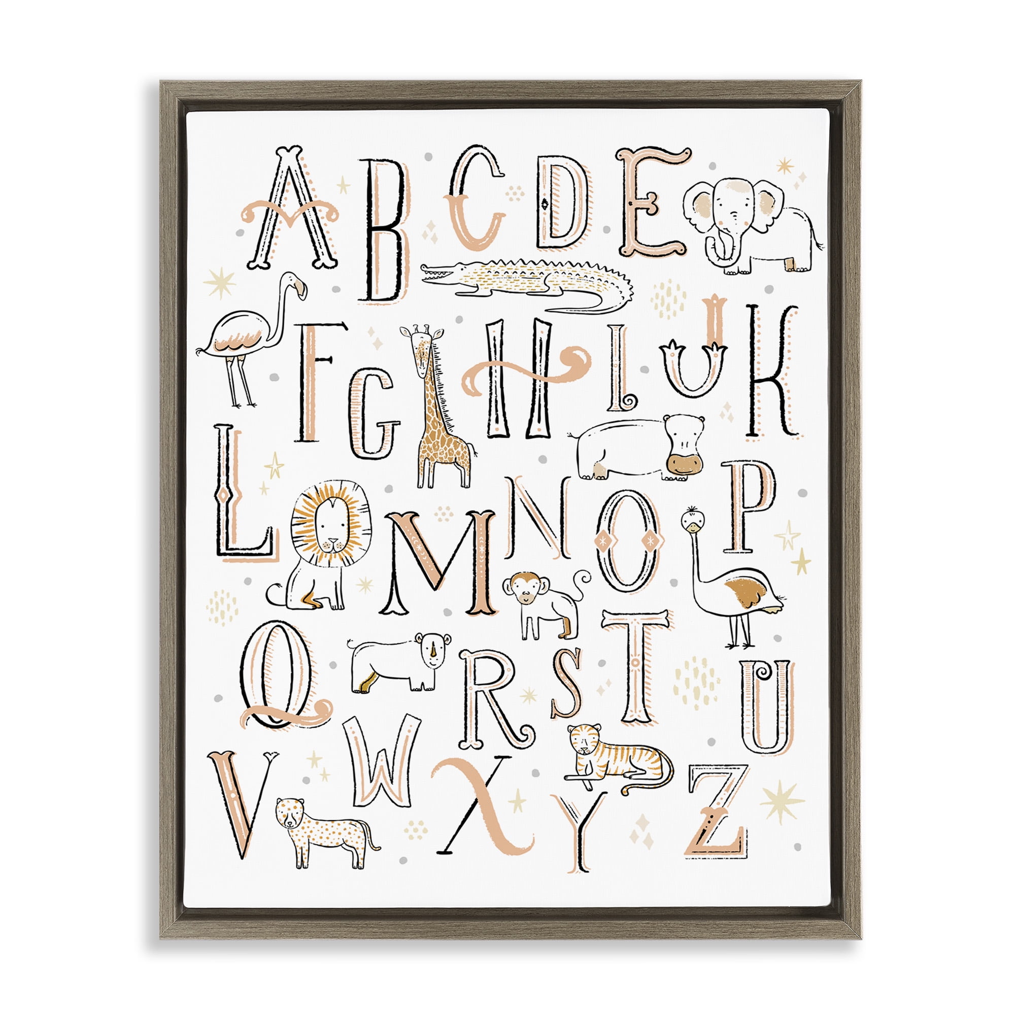 Stupell Industries Nursery Animal Alphabet Chart Art for Kids Painting Brown Floater Framed Canvas Art Print Wall Art, 25 x 31
