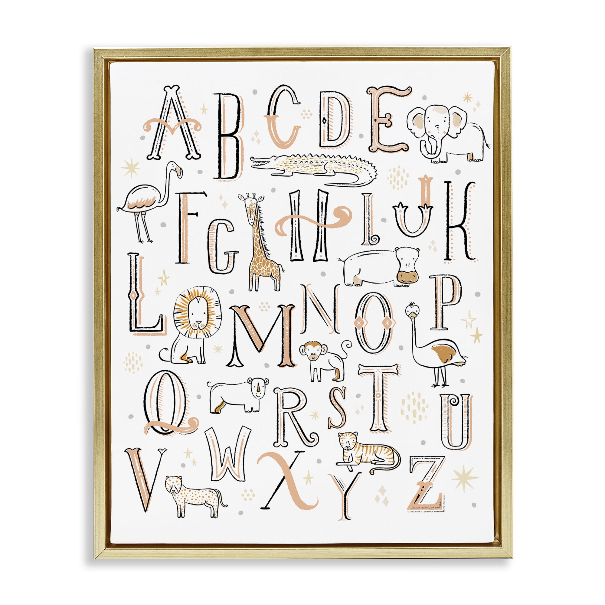 Stupell Industries Nursery Animal Alphabet Chart Art for Kids Painting Gold Floater Framed Canvas Art Print Wall Art, 17 x 21