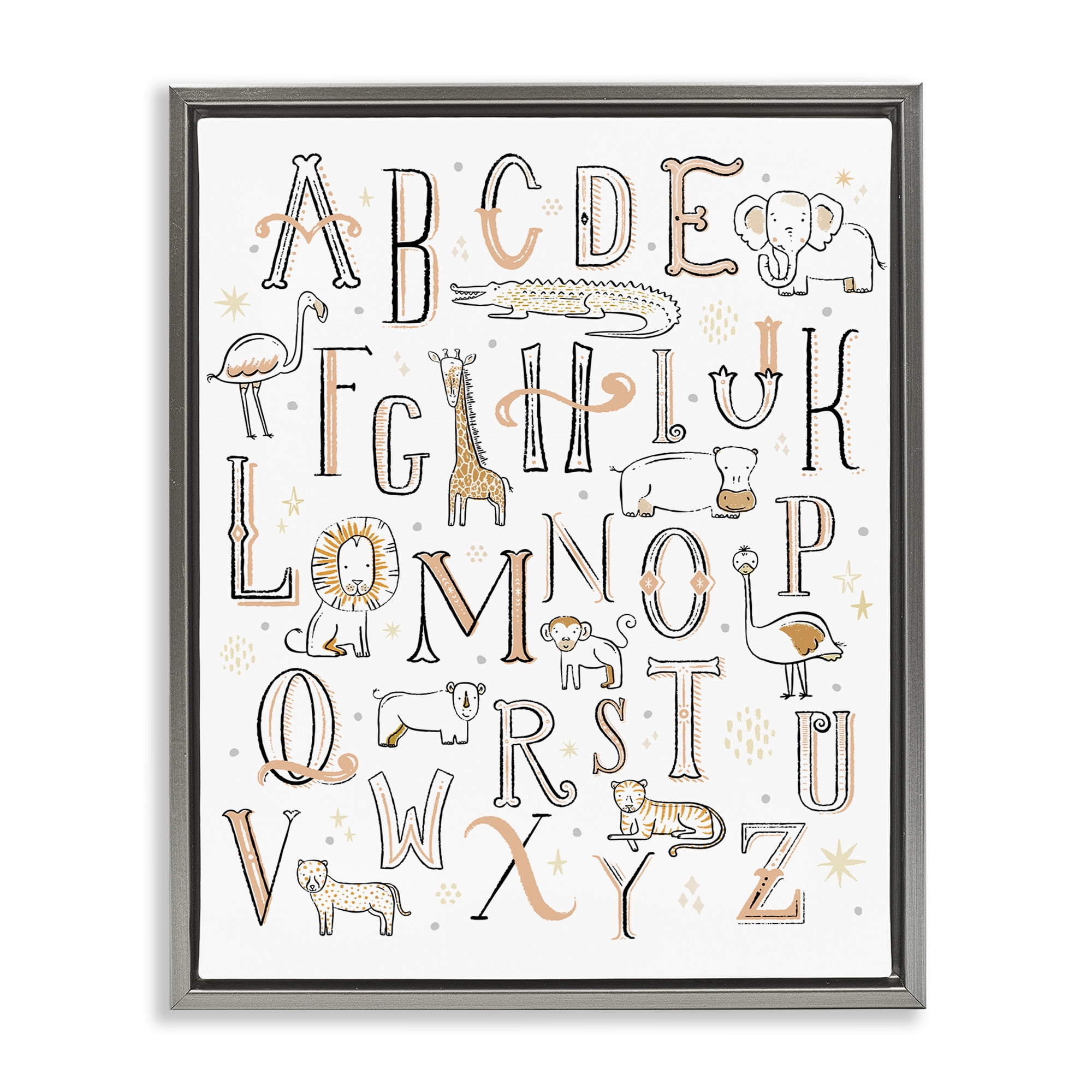 Stupell Industries Nursery Animal Alphabet Chart Art for Kids Painting Gray Floater Framed Canvas Art Print Wall Art, 17 x 21