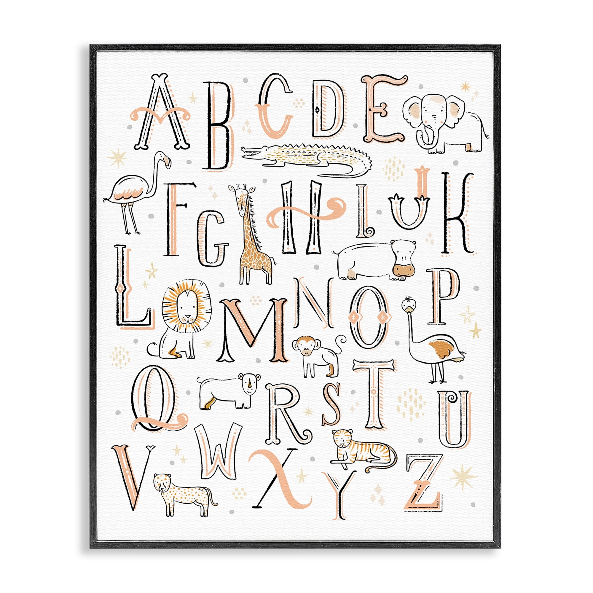 Stupell Industries Nursery Animal Alphabet Chart Soft Orange White Animals & Insects Painting Black Framed Art Print Wall Art, 11 x 14