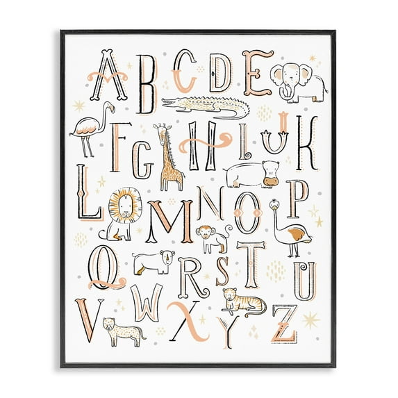 Stupell Industries Nursery Animal Alphabet Chart Soft Orange White Animals & Insects Painting Black Framed Art Print Wall Art, 24 x 30