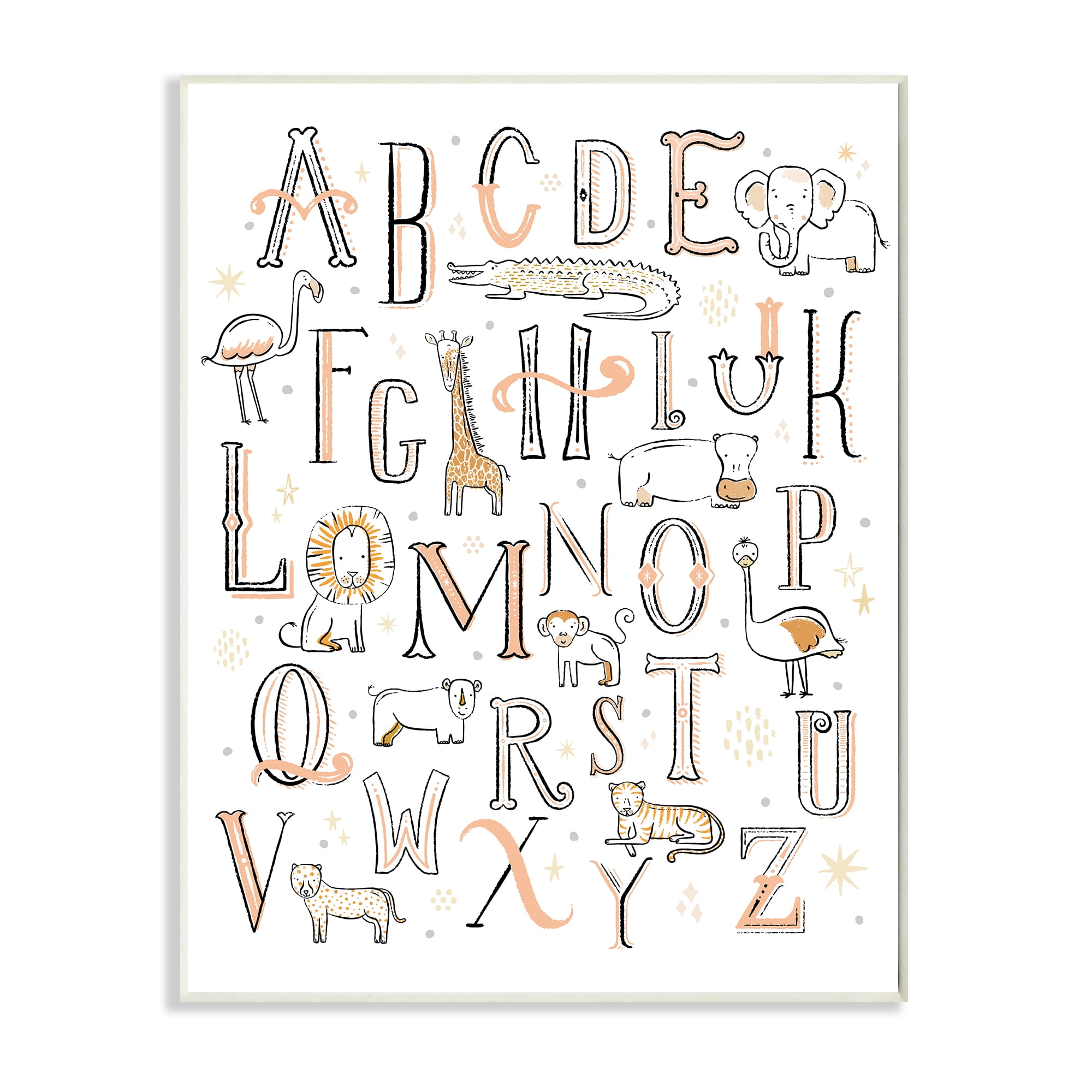 Stupell Industries Nursery Animal Alphabet Chart Soft Orange White Animals & Insects Painting Unframed Art Print Wall Art, 13 x 19