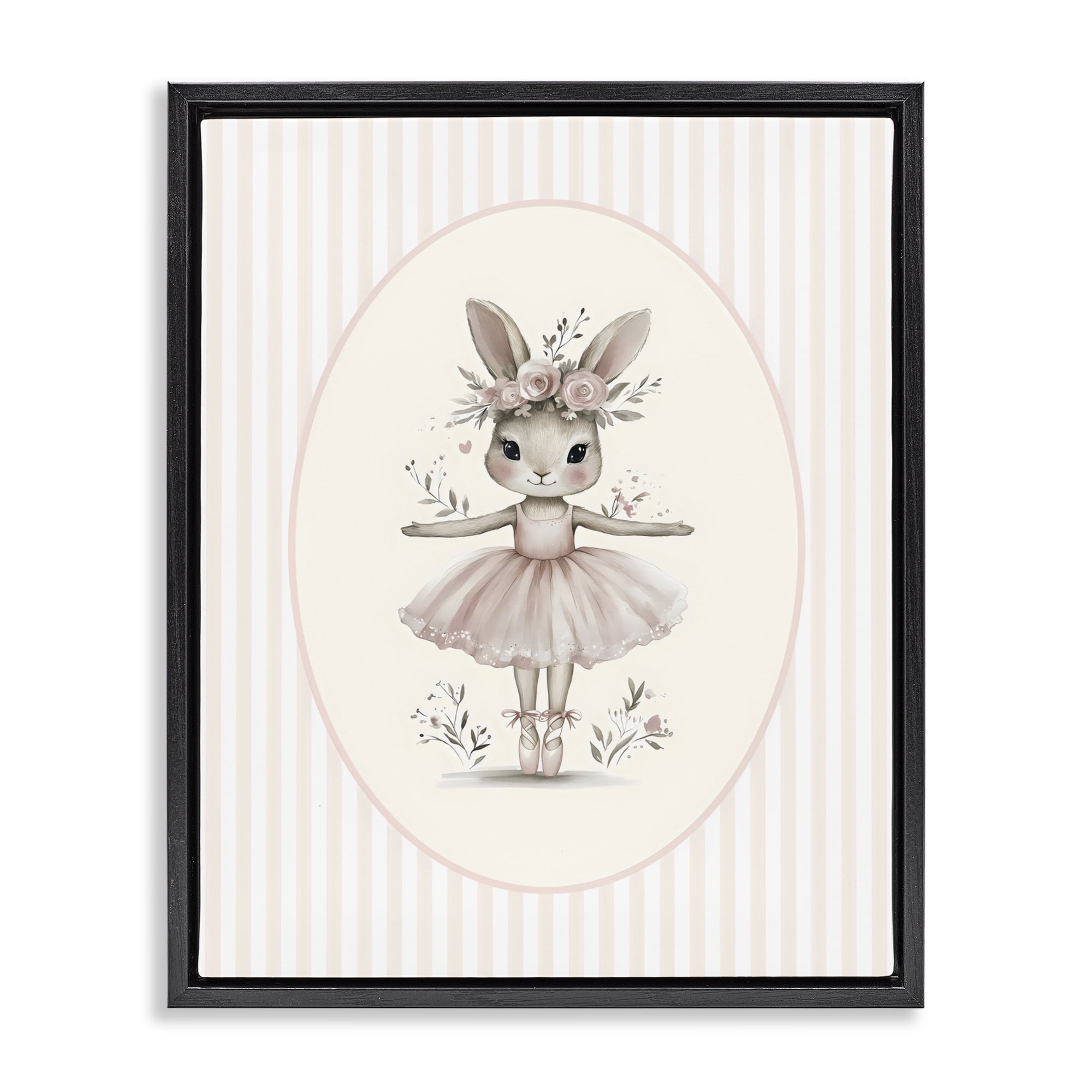 Stupell Industries Nursery Ballerina Bunny Striped Black Framed Floater Canvas Wall Art, design by LSR Design Studio