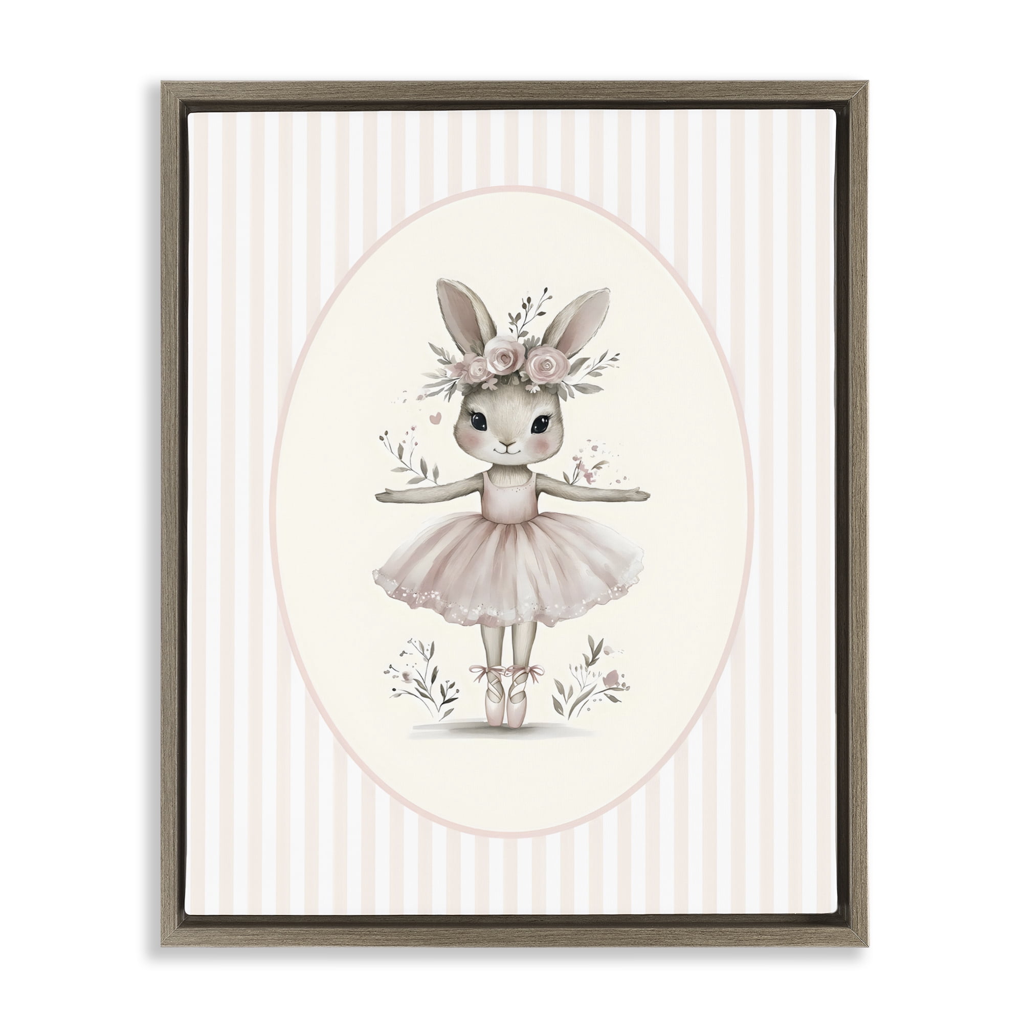 Stupell Industries Nursery Ballerina Bunny Striped Brown Framed Floater Canvas Wall Art, design by LSR Design Studio