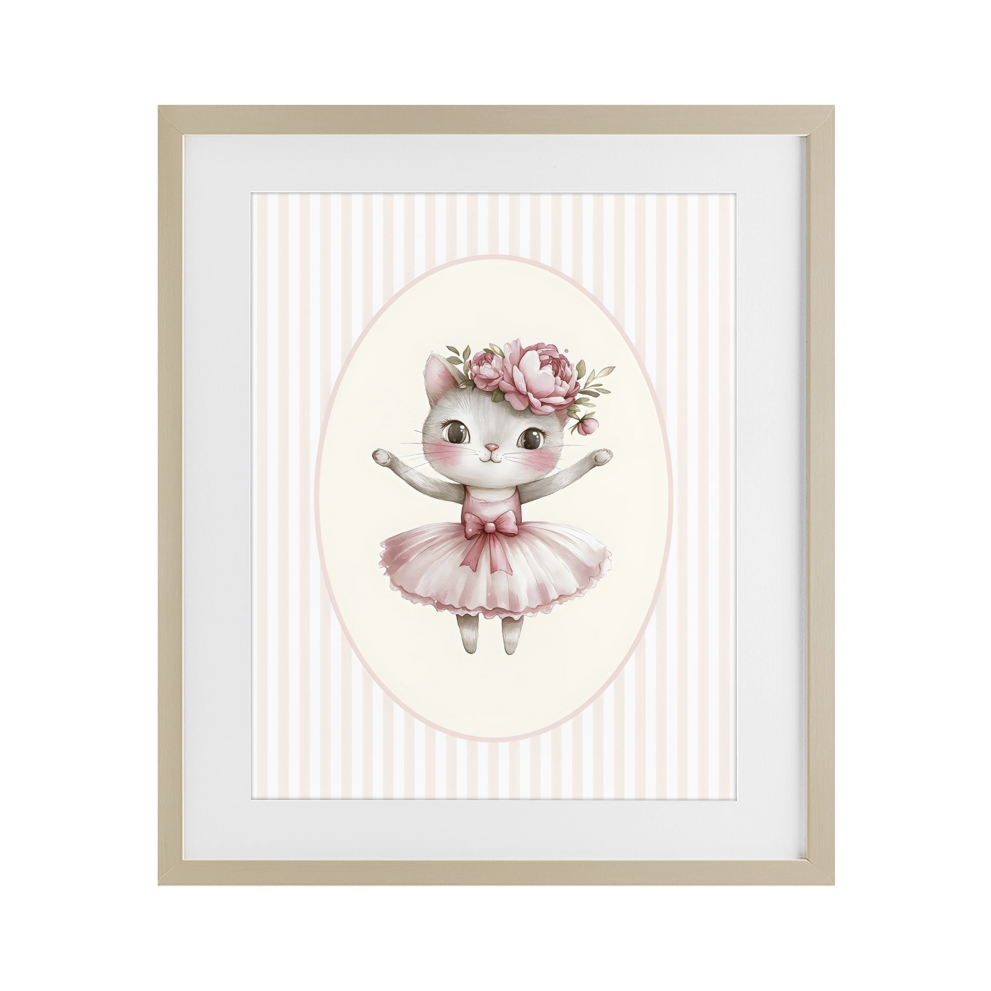 Stupell Industries Nursery Ballerina Cat Striped Birch Framed Print Under Glass, design by LSR Design Studio