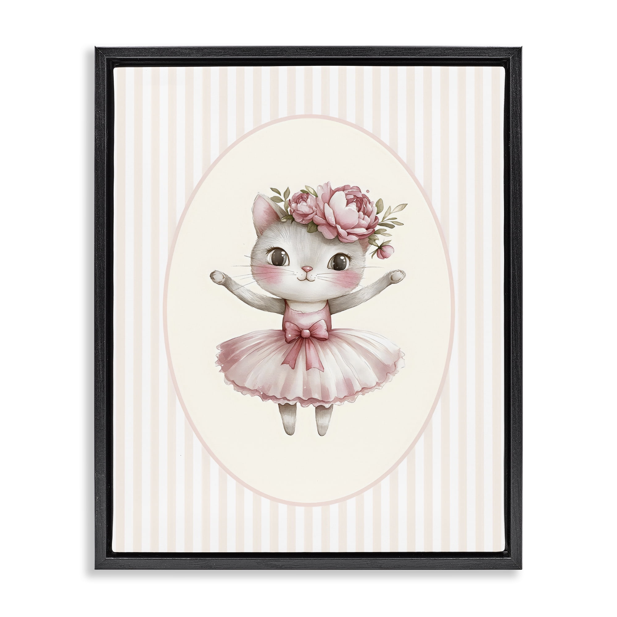 Stupell Industries Nursery Ballerina Cat Striped Black Framed Floater Canvas Wall Art, design by LSR Design Studio