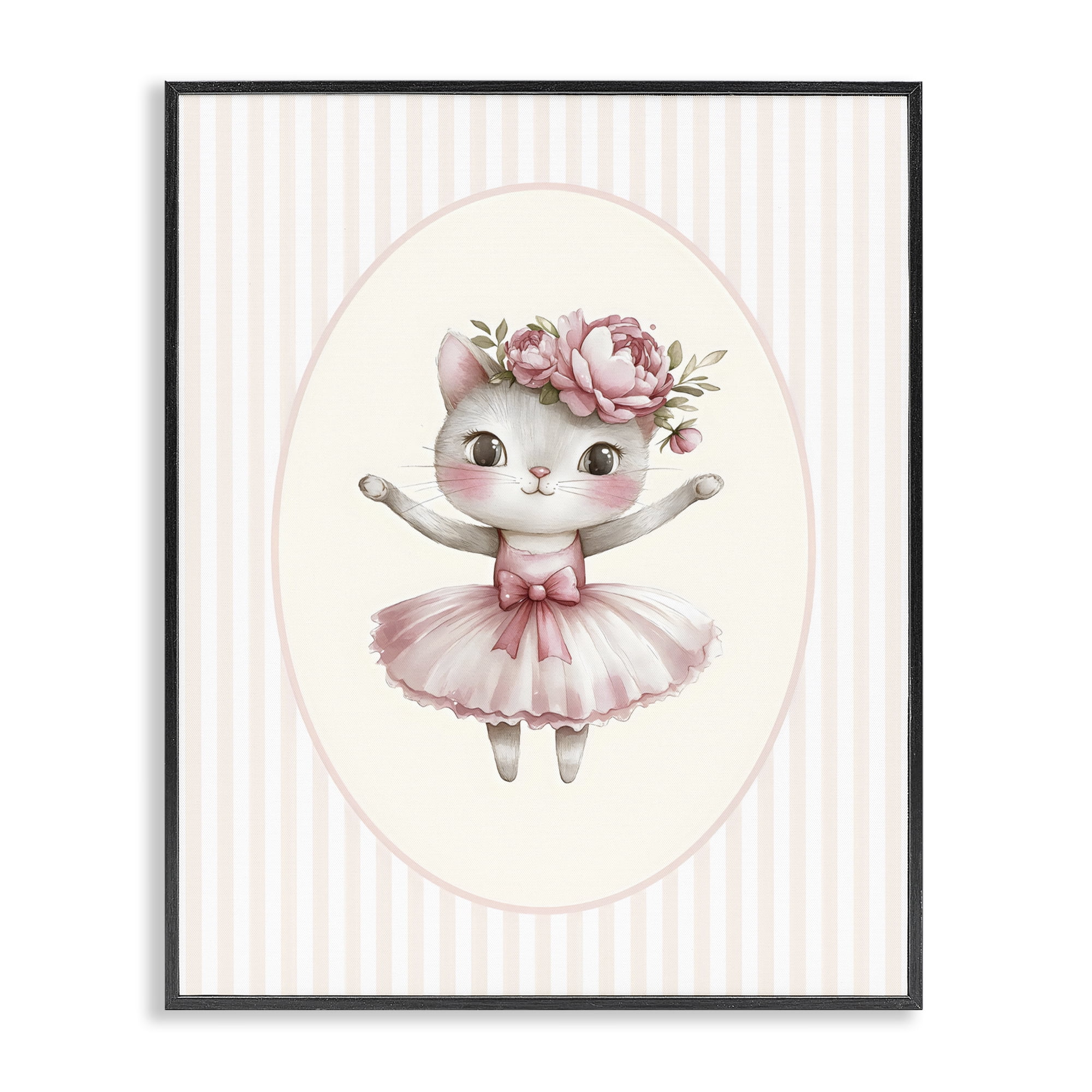 Stupell Industries Nursery Ballerina Cat Striped Black Framed Giclee Art, design by LSR Design Studio
