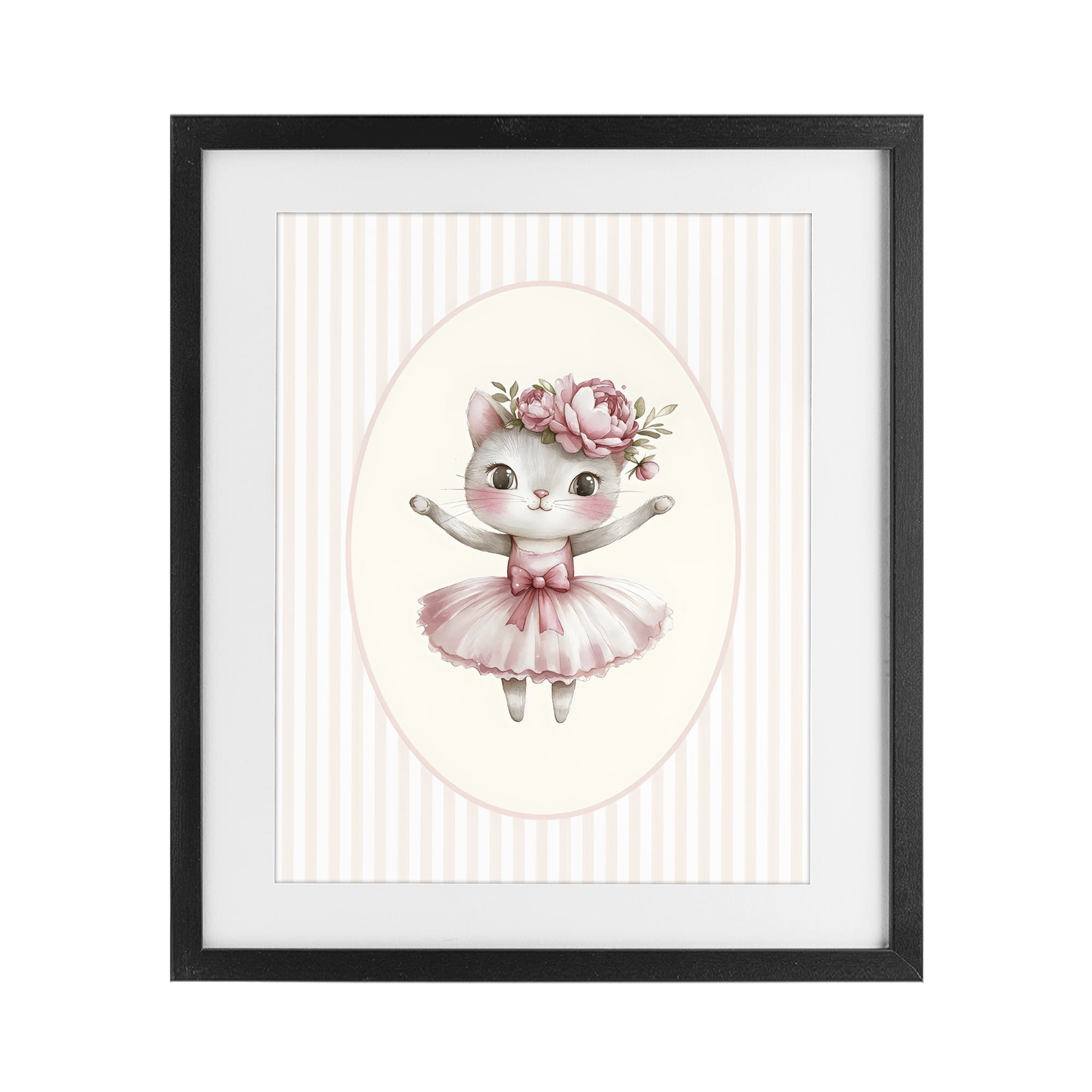 Stupell Industries Nursery Ballerina Cat Striped Black Framed Print Under Glass, design by LSR Design Studio