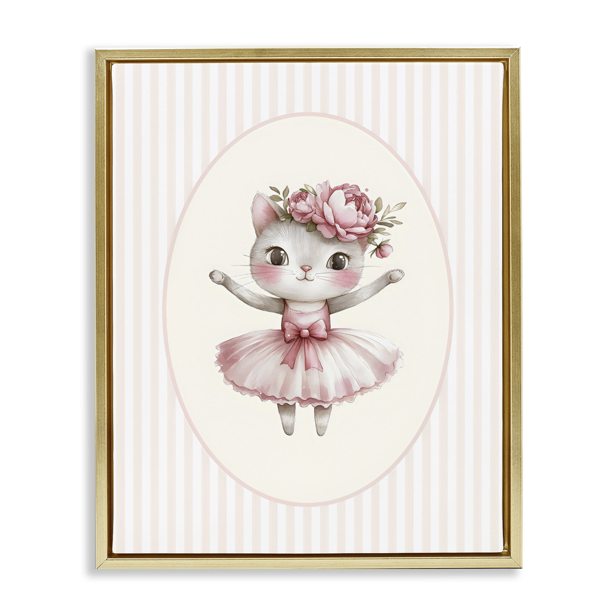 Stupell Industries Nursery Ballerina Cat Striped Gold Framed Floater Canvas Wall Art, design by LSR Design Studio