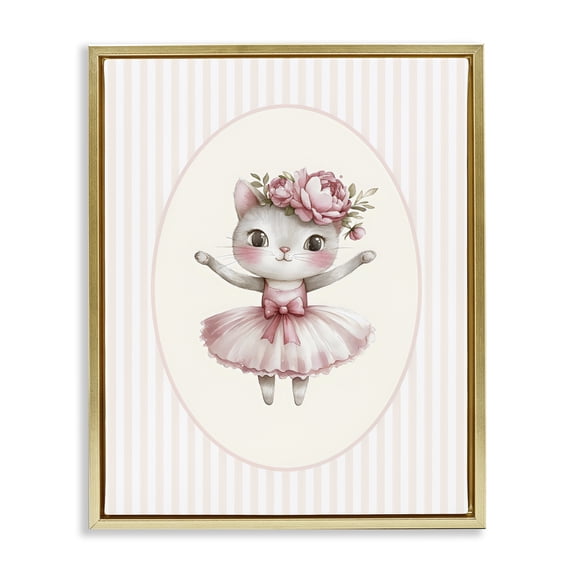 Stupell Industries Cottage Nursery Ballerina Cat Striped Gold Floating Frame Canvas Art, 25 x 31, by LSR Design Studio
