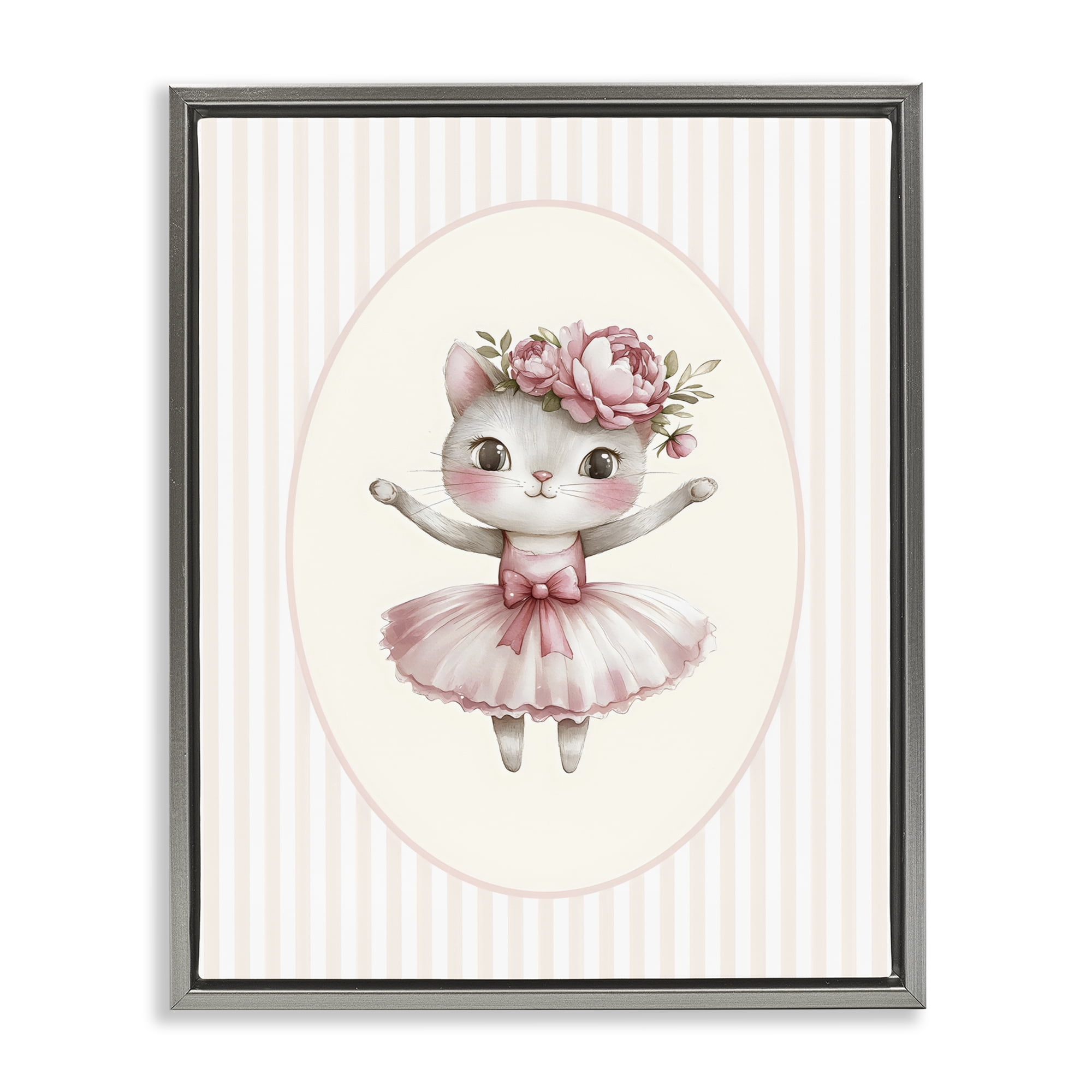Stupell Industries Nursery Ballerina Cat Striped Gray Framed Floater Canvas Wall Art, design by LSR Design Studio