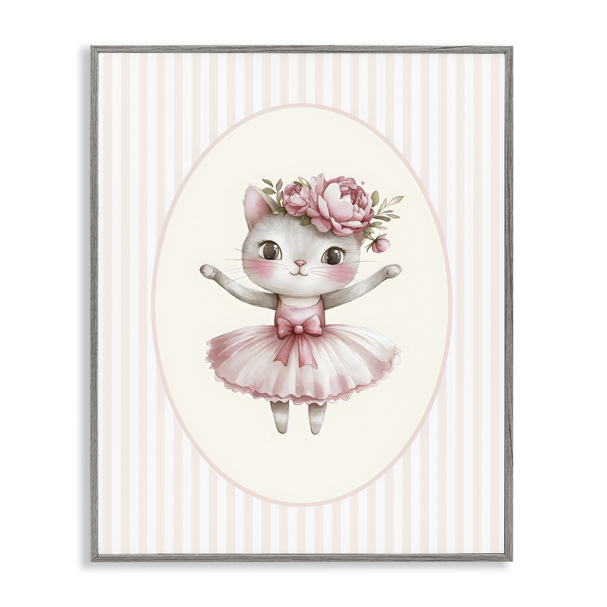 Stupell Industries Nursery Ballerina Cat Striped Gray Framed Giclee Art, design by LSR Design Studio